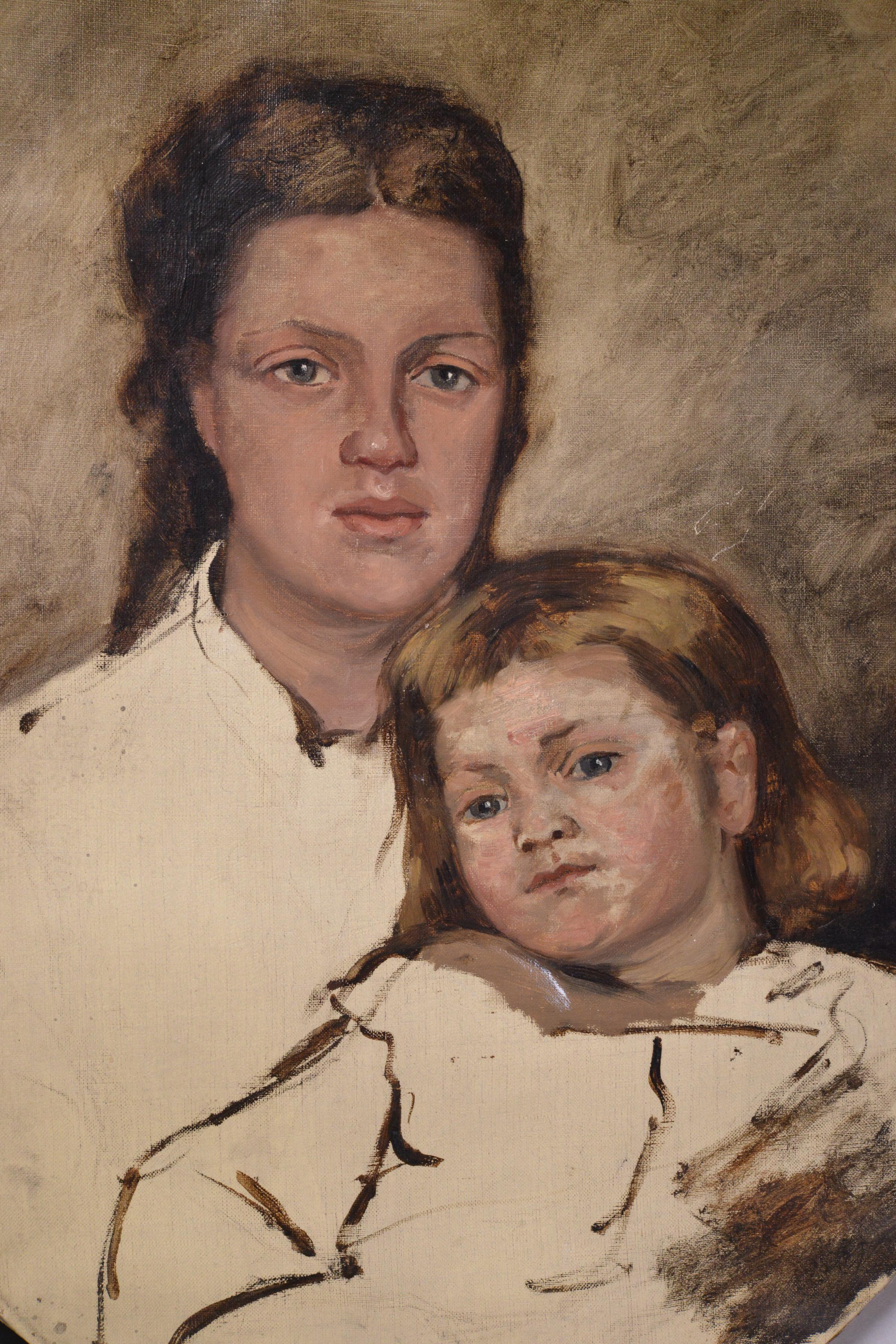 Ritratto ovale di madre e figlia, pittura a olio scandinava dei primi del Novecento - Painting di Unknown