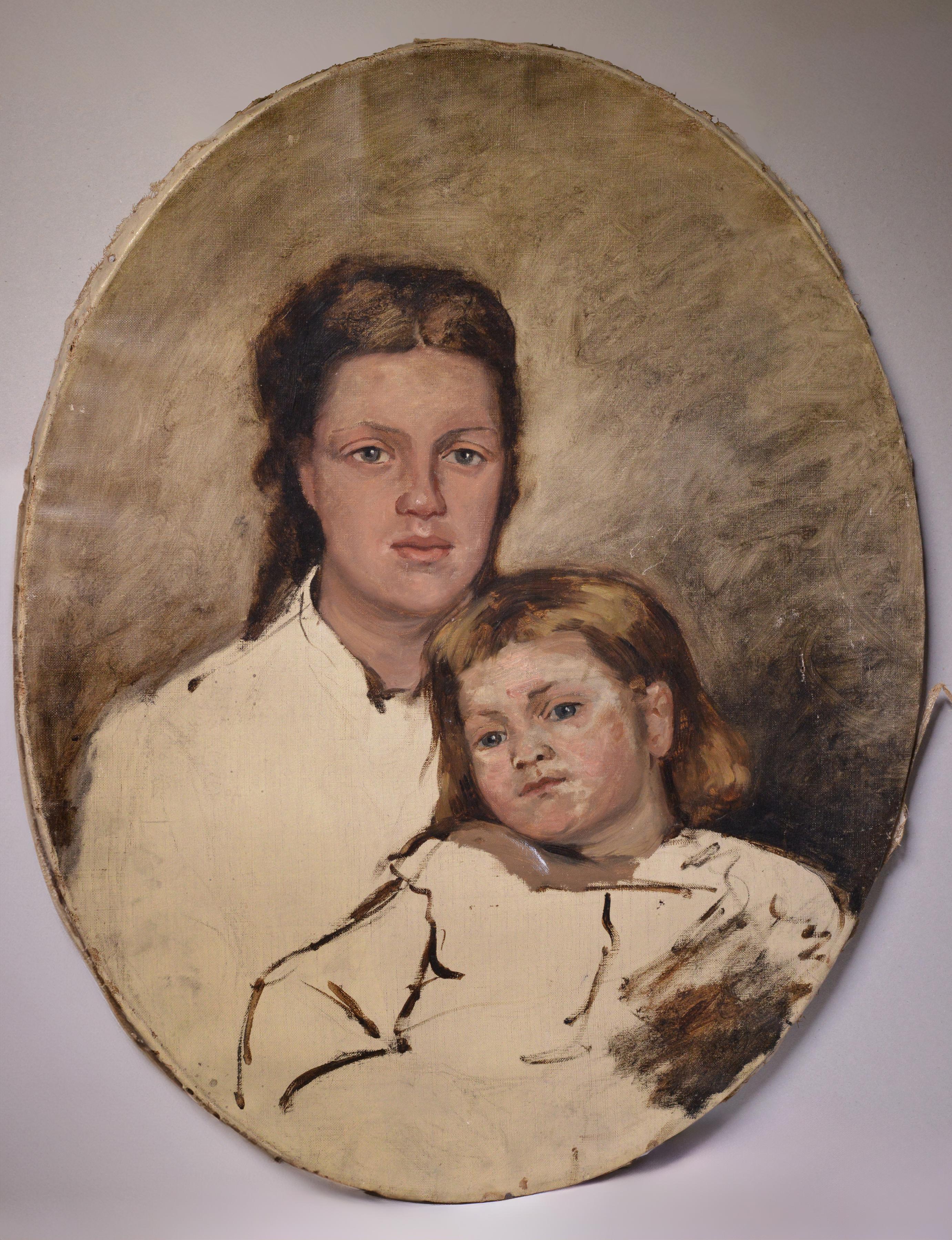 Oval Portrait of Mother and Daughter early 20 century Scandinavian Oil Painting