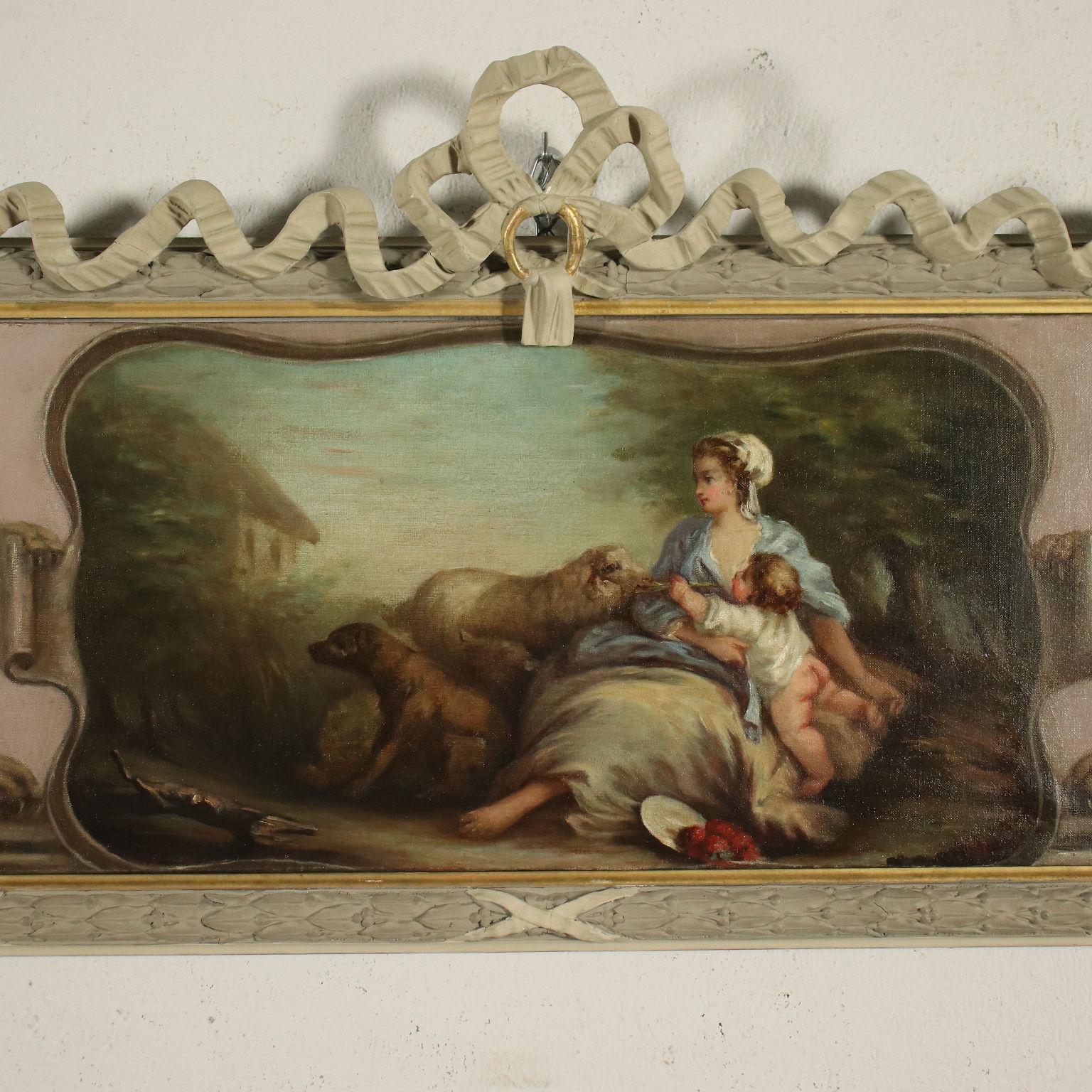 Oil on canvas.
The canvas portrays a scene inscribed inside a painted tray-shaped frame, on the sides of which there are two winged griffins; the scene depicts a female figure in a countryside exterior, in the company of a small child who is nursing