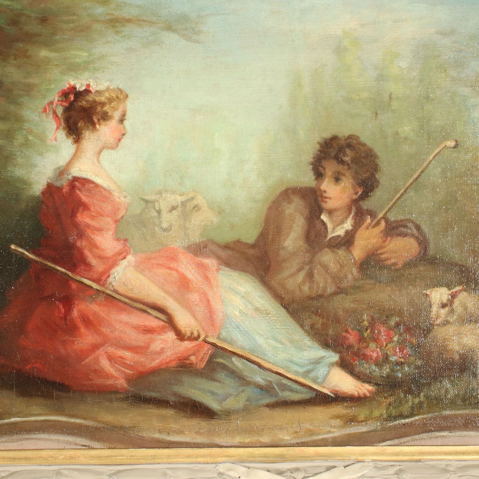 Oil on canvas. The canvas depicts a scene inscribed inside a painted tray-shaped frame, on the sides of which there are two winged griffins; the bucolic scene features a shepherd and a shepherdess in the countryside, amiably intent on gallant