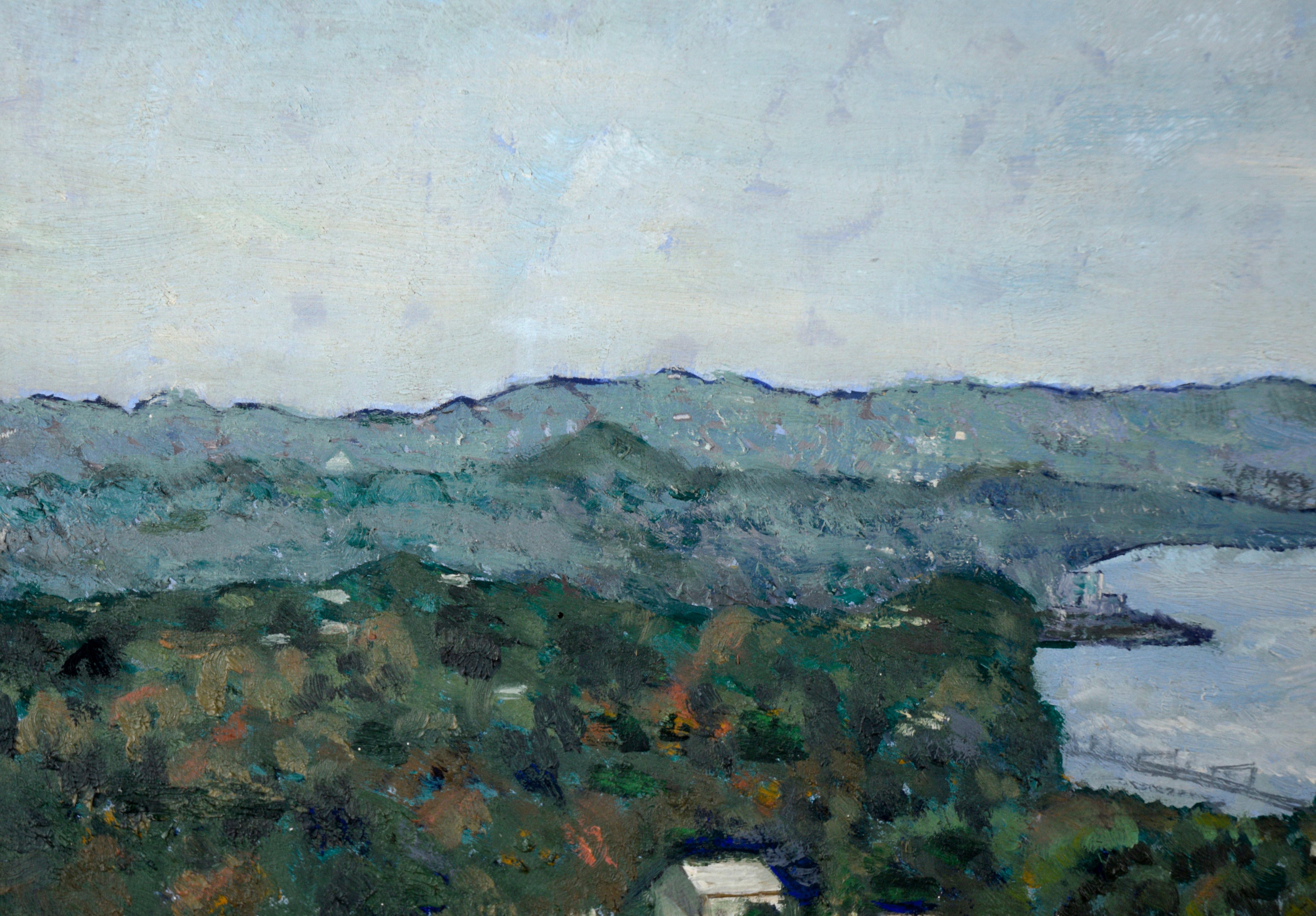 Overlooking the Bay - Coastal Maine Landscape in Oil on Masonite by Lydia 1957 - Painting by Unknown