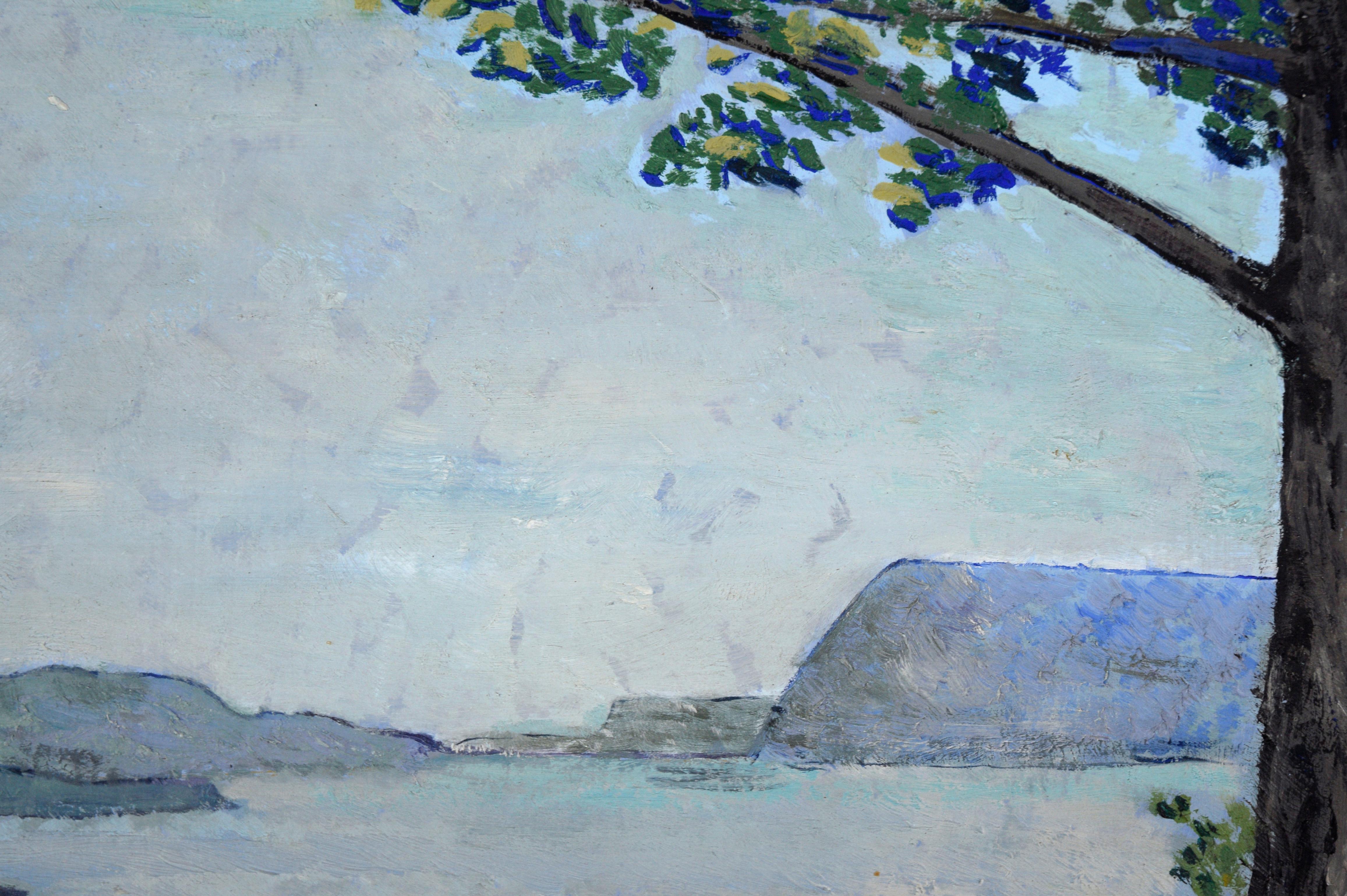 Überblick auf die Bucht – Küstenlandschaft von Maine, Öl auf Masonit, von Lydia 1957 (Amerikanischer Impressionismus), Painting, von Unknown