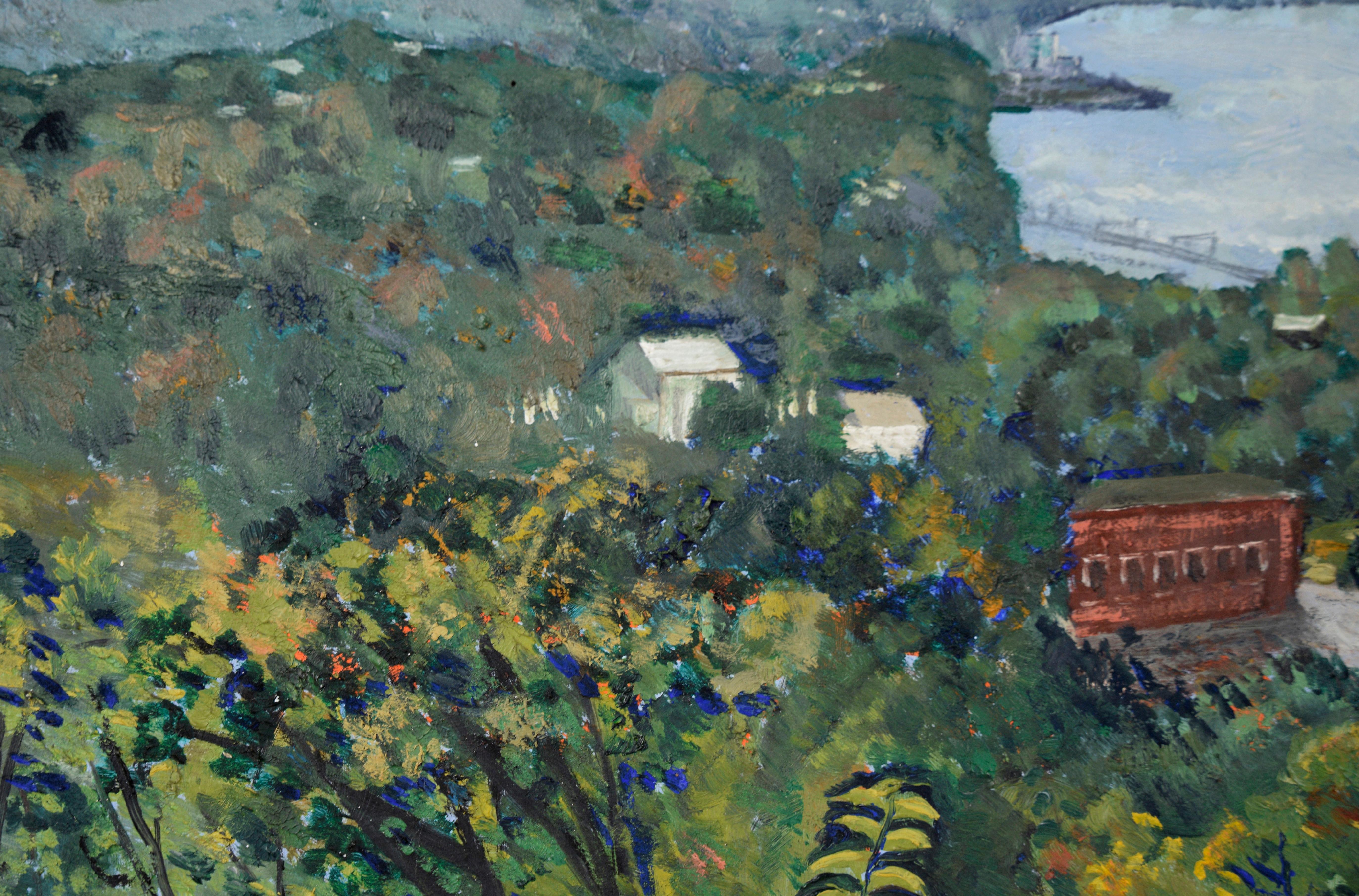 Overlooking the Bay - Coastal Maine Landscape in Oil on Masonite by Lydia 1957 - American Impressionist Painting by Unknown