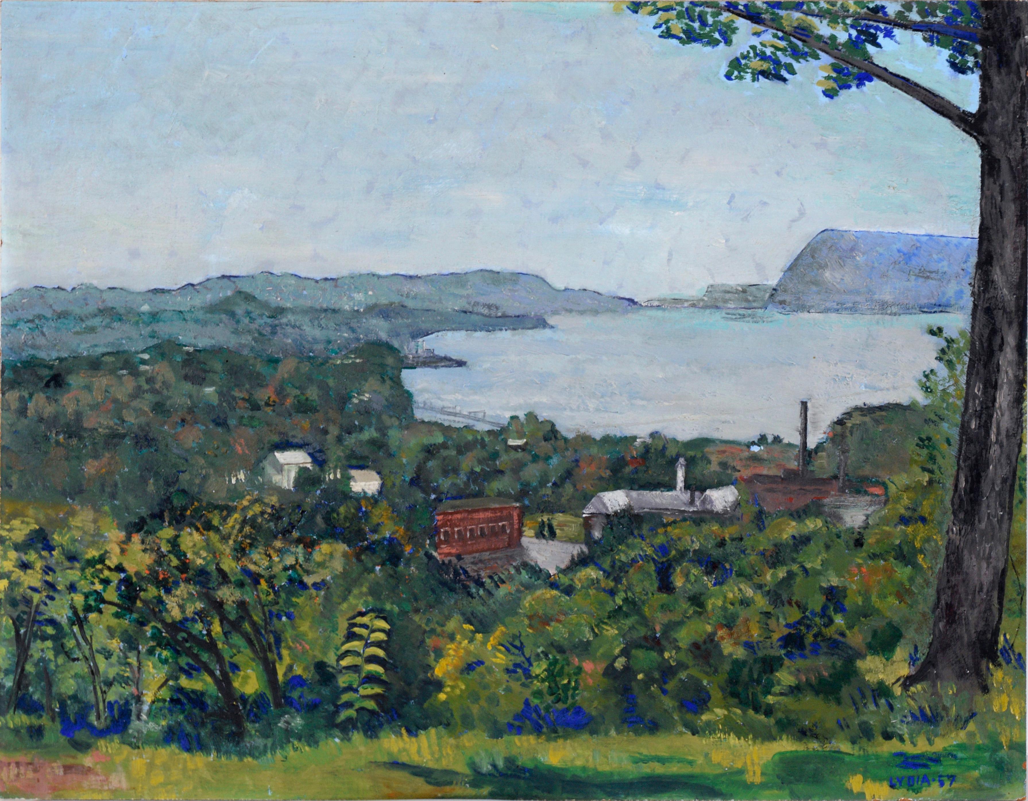 Unknown Landscape Painting – Überblick auf die Bucht – Küstenlandschaft von Maine, Öl auf Masonit, von Lydia 1957