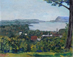 Retro Overlooking the Bay - Coastal Maine Landscape in Oil on Masonite by Lydia 1957