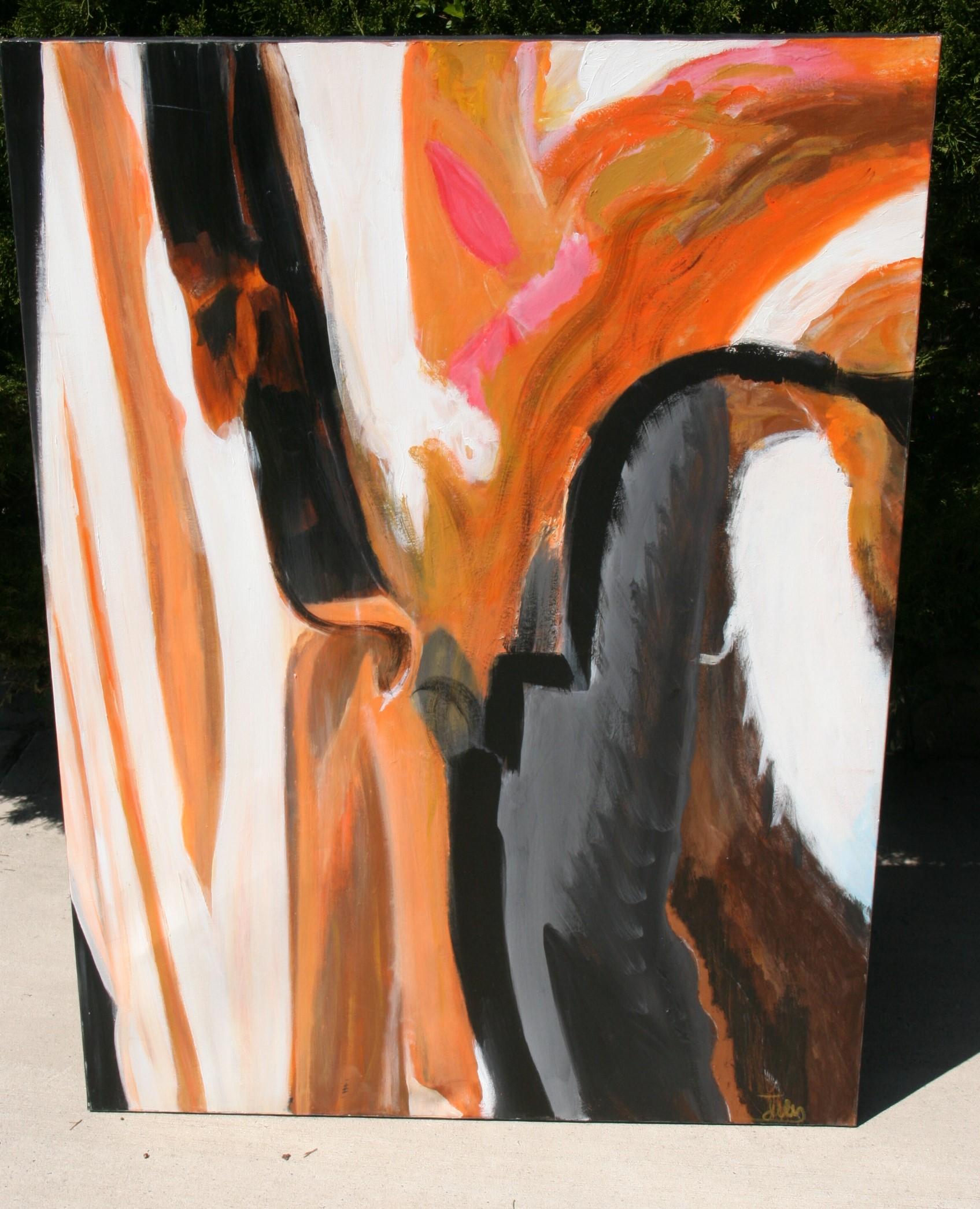 Oversized  Abstract Expressionist Black and Orange Oil Painting - Beige Abstract Painting par Unknown