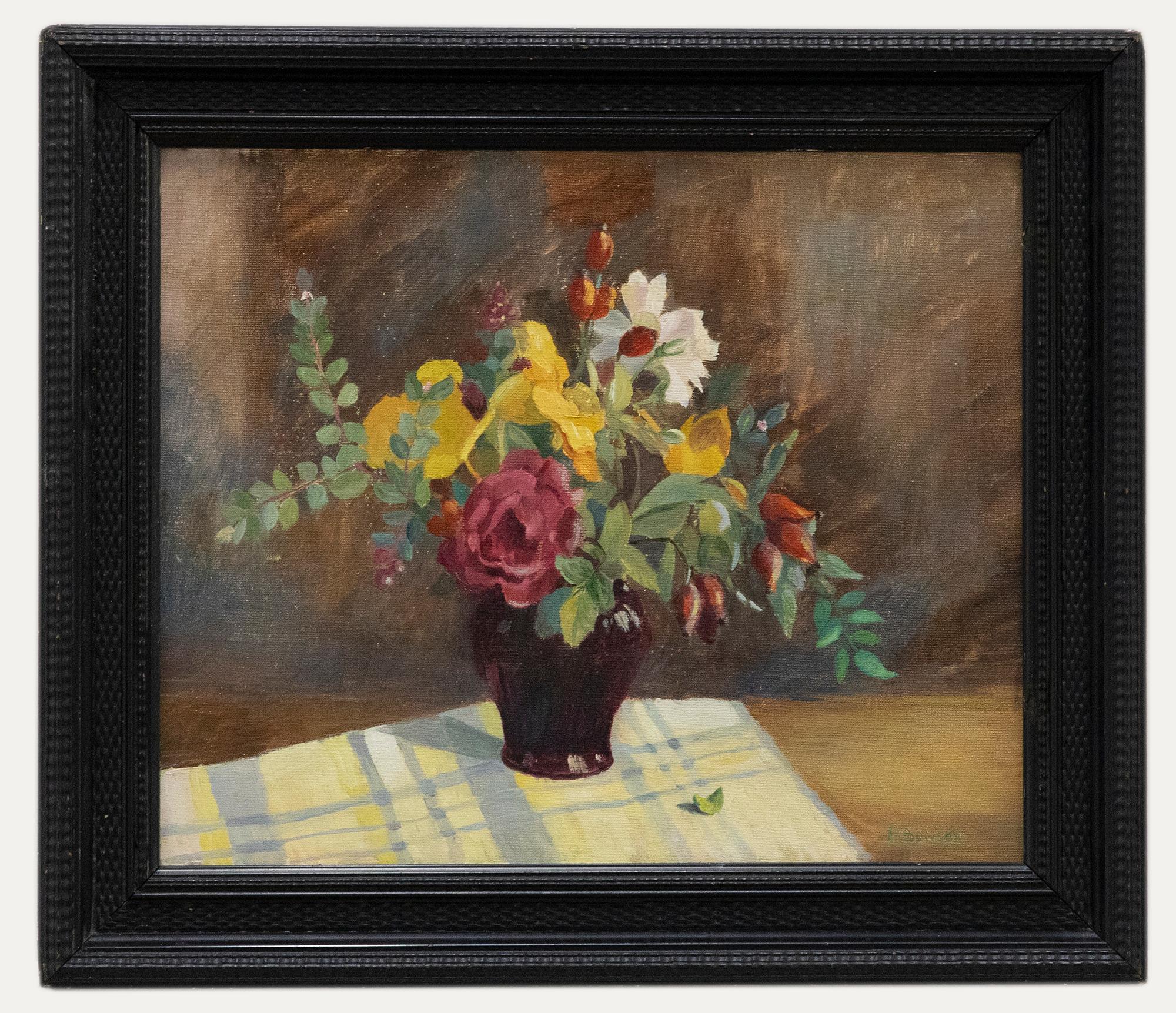 Unknown Still-Life Painting - P. Bowser - Framed 20th Century Oil, Still life with Dog Rose