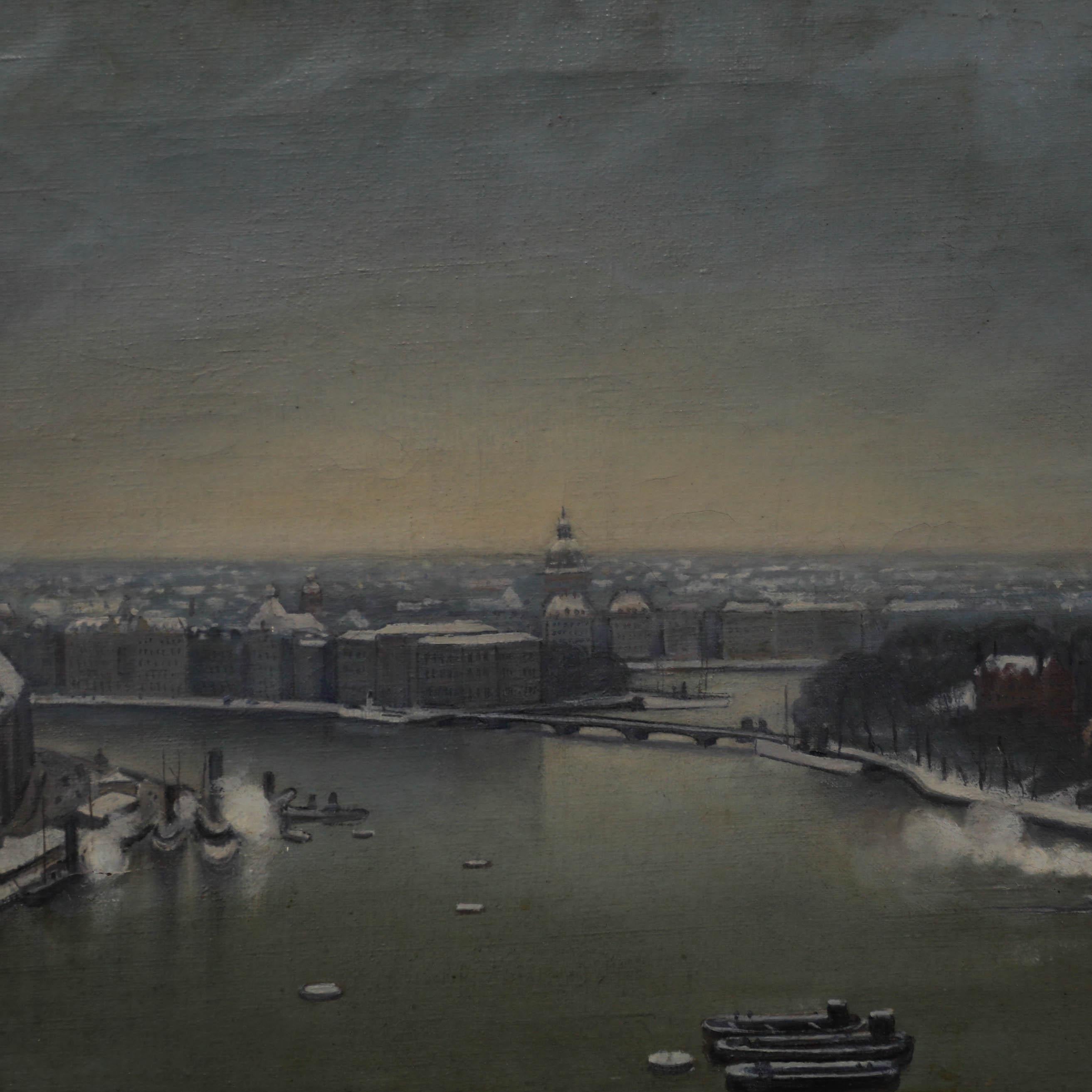 Anfang des 20. Jahrhunderts, Öl auf Leinwand. Ein kalter Winterblick auf St. Petersburg mit der Kuppel von St. Isaak, die die Skyline der Stadt dominiert. Gut präsentiert in einem Holzrahmen. Signiert unten rechts und datiert 1918. Auf Leinwand auf