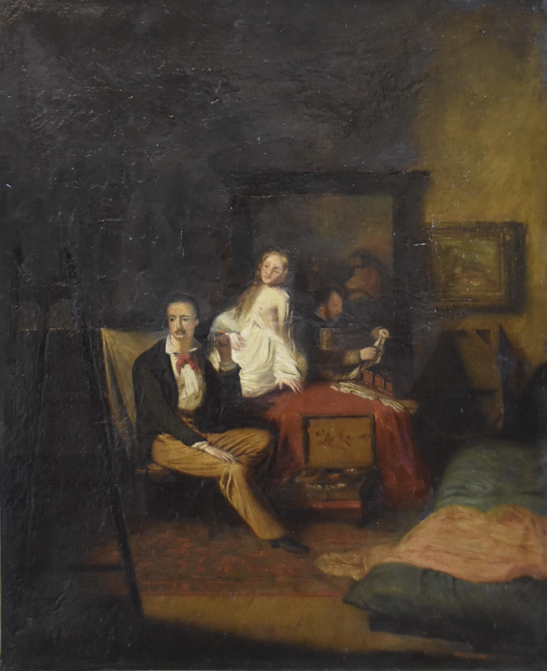 Unknown Portrait Painting - P Deltour (?), An artist and his models in the workshop, 1879, oil on canvas