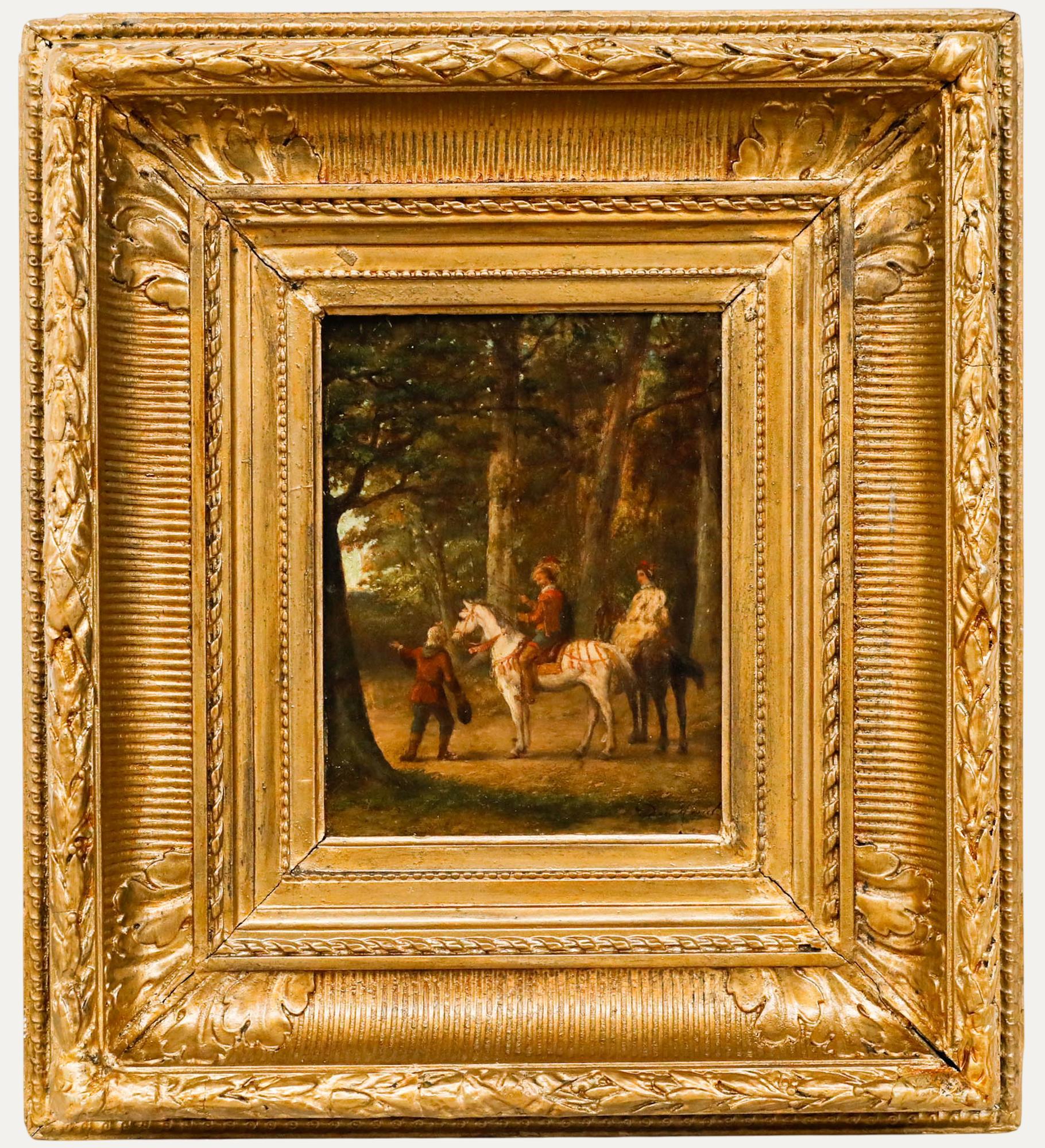 Landscape Painting Unknown - P. Du Menil - Huile encadrée du 19e siècle, Cavaliers en Promenade