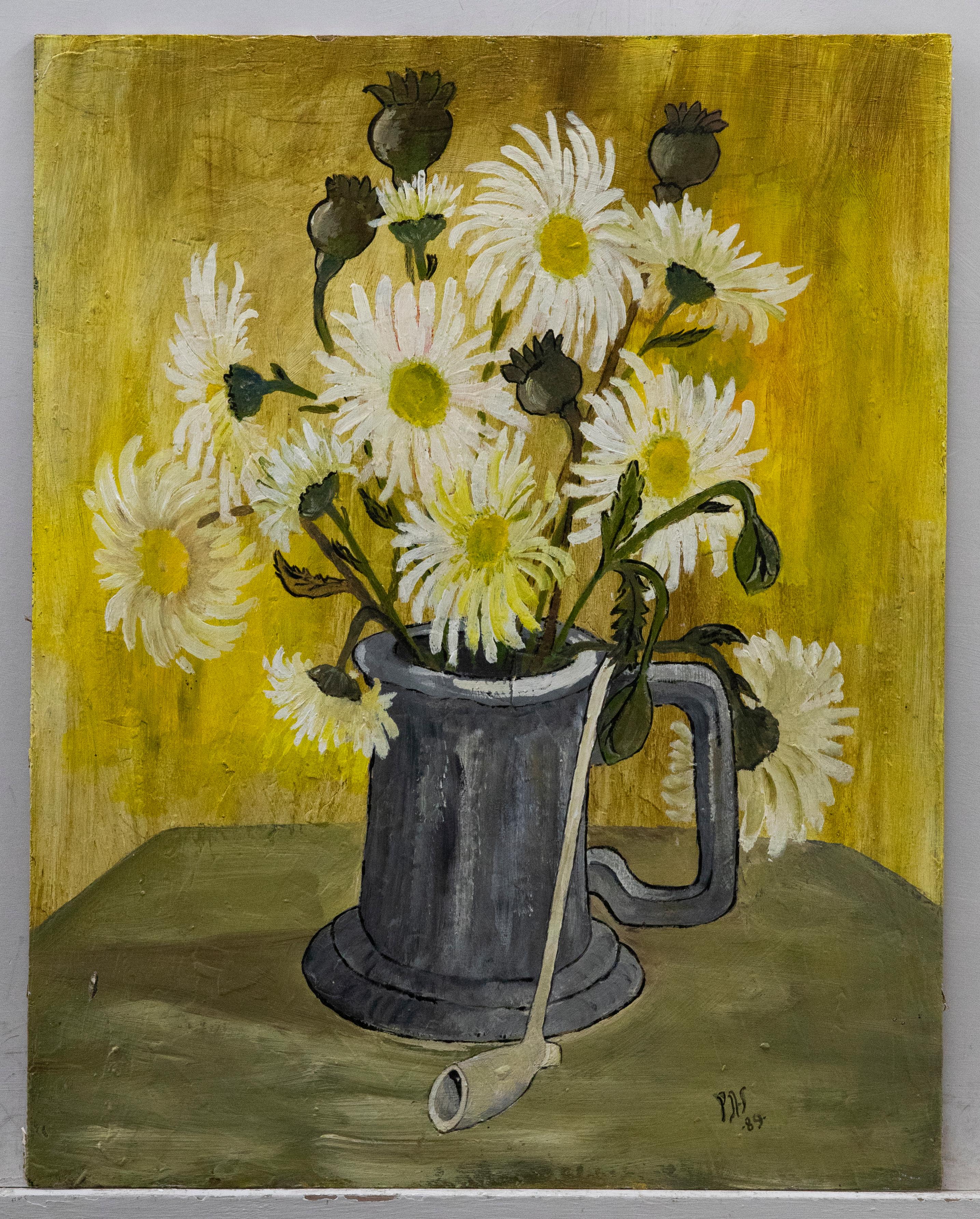 P. H. S.  - 1989 Oil, Chrysanthemums on Yellow - Painting by Unknown