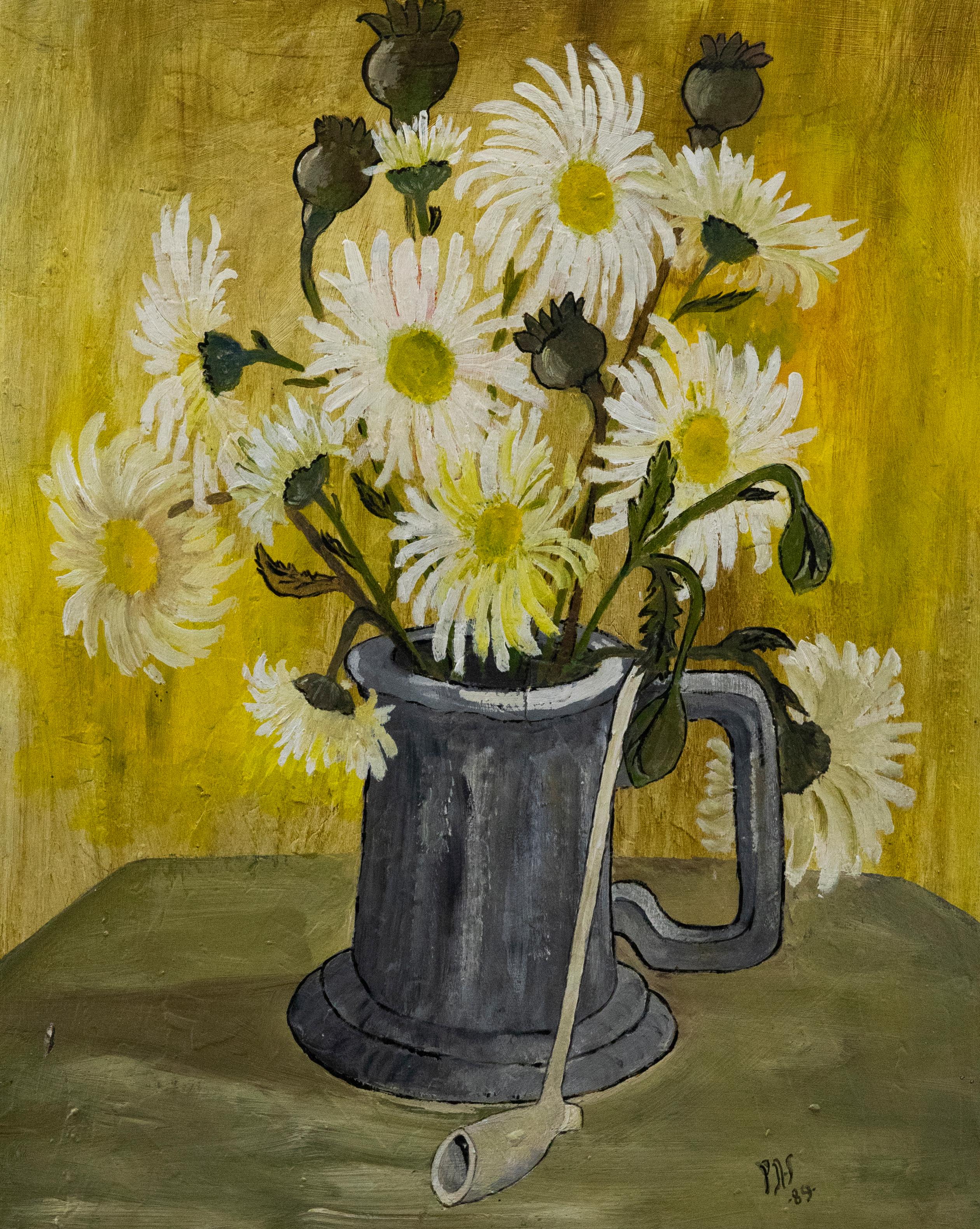 Unknown Still-Life Painting - P. H. S.  - 1989 Oil, Chrysanthemums on Yellow