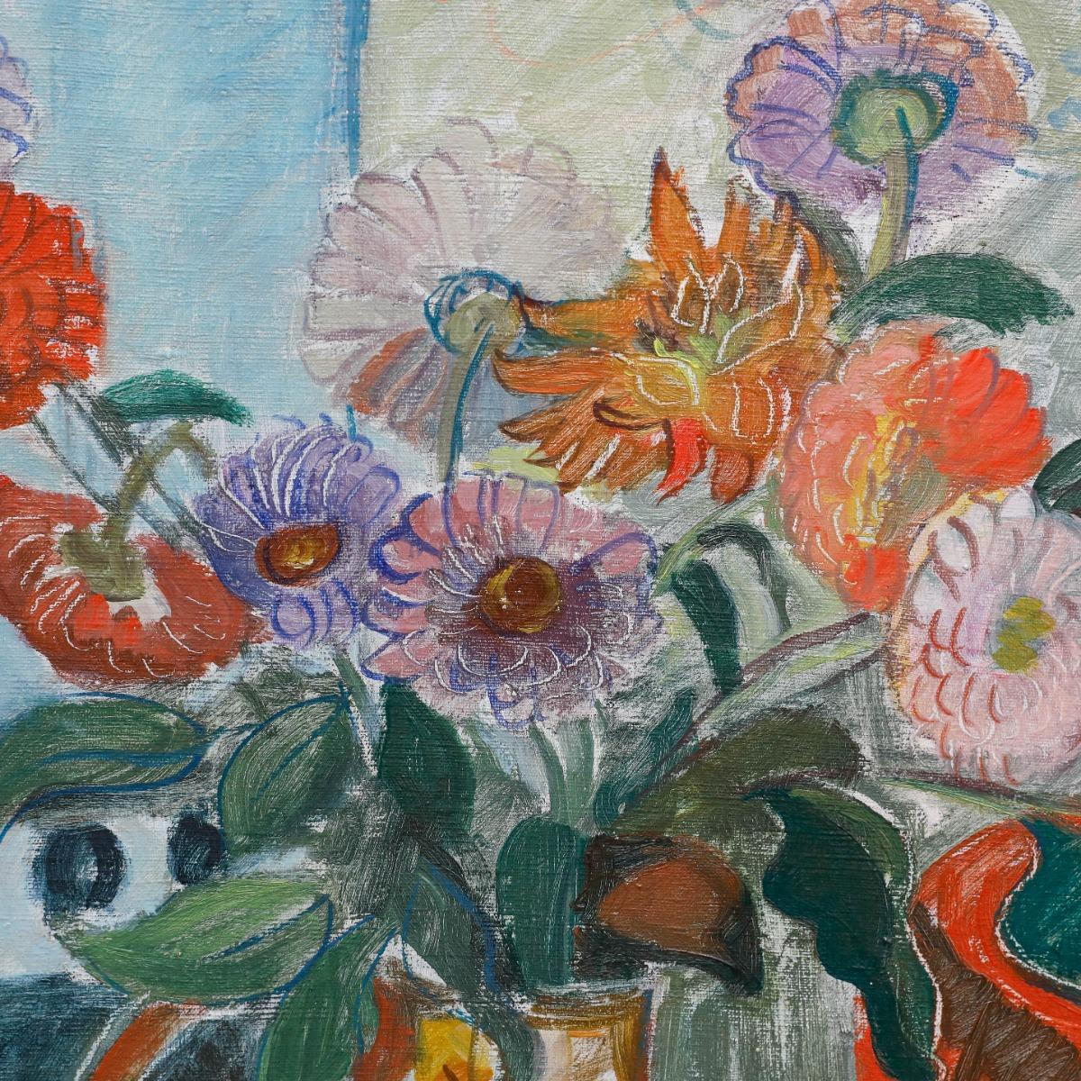 This vibrant still life painting showcases a bouquet of colourful flowers in an ornate vase, surrounded by various fruits and ceramics on a patterned tablecloth. The artist's loose, expressive brushstrokes and bold use of colour create a lively and