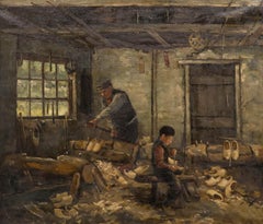 P. Janssen - Framed 1913 Oil, In the Clog Maker's Workshop
