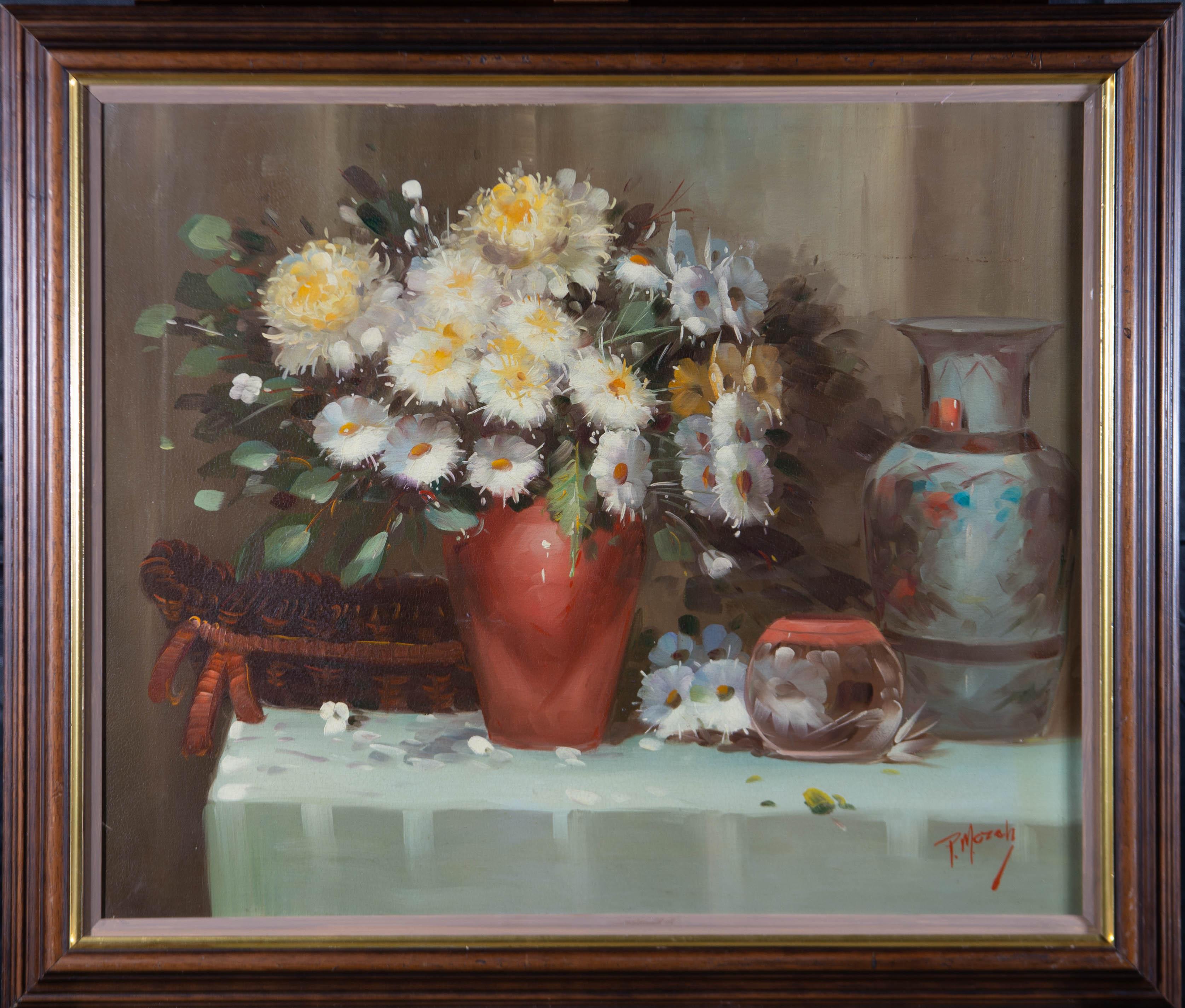Unknown Still-Life Painting - P. Mozah - 20th Century Oil, Still Life, Spring Flowers