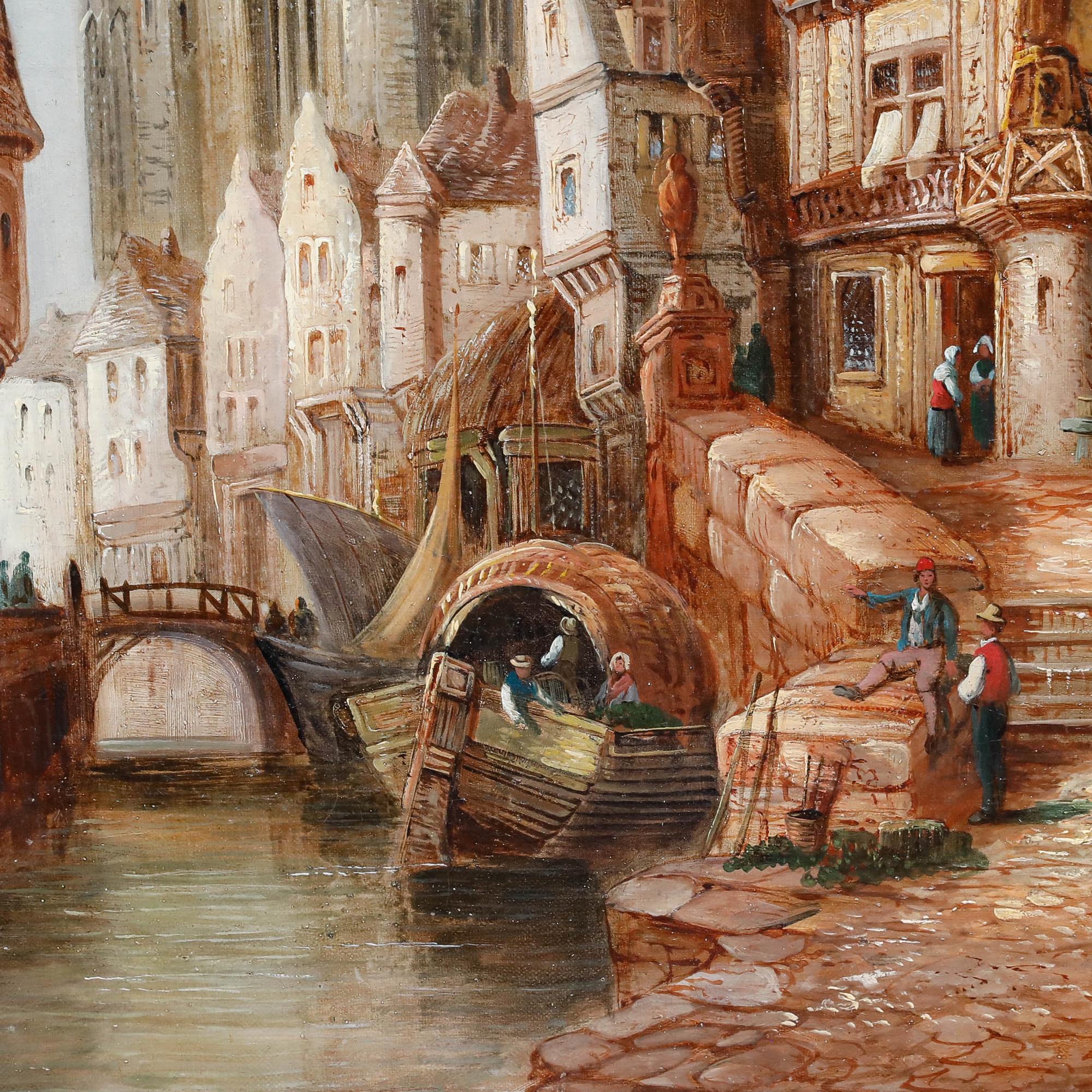 This atmospheric painting depicts a bustling medieval European town, dominated by a soaring Gothic cathedral spire at its centre. The composition skilfully balances the intricate architectural details of the surrounding buildings with the lively