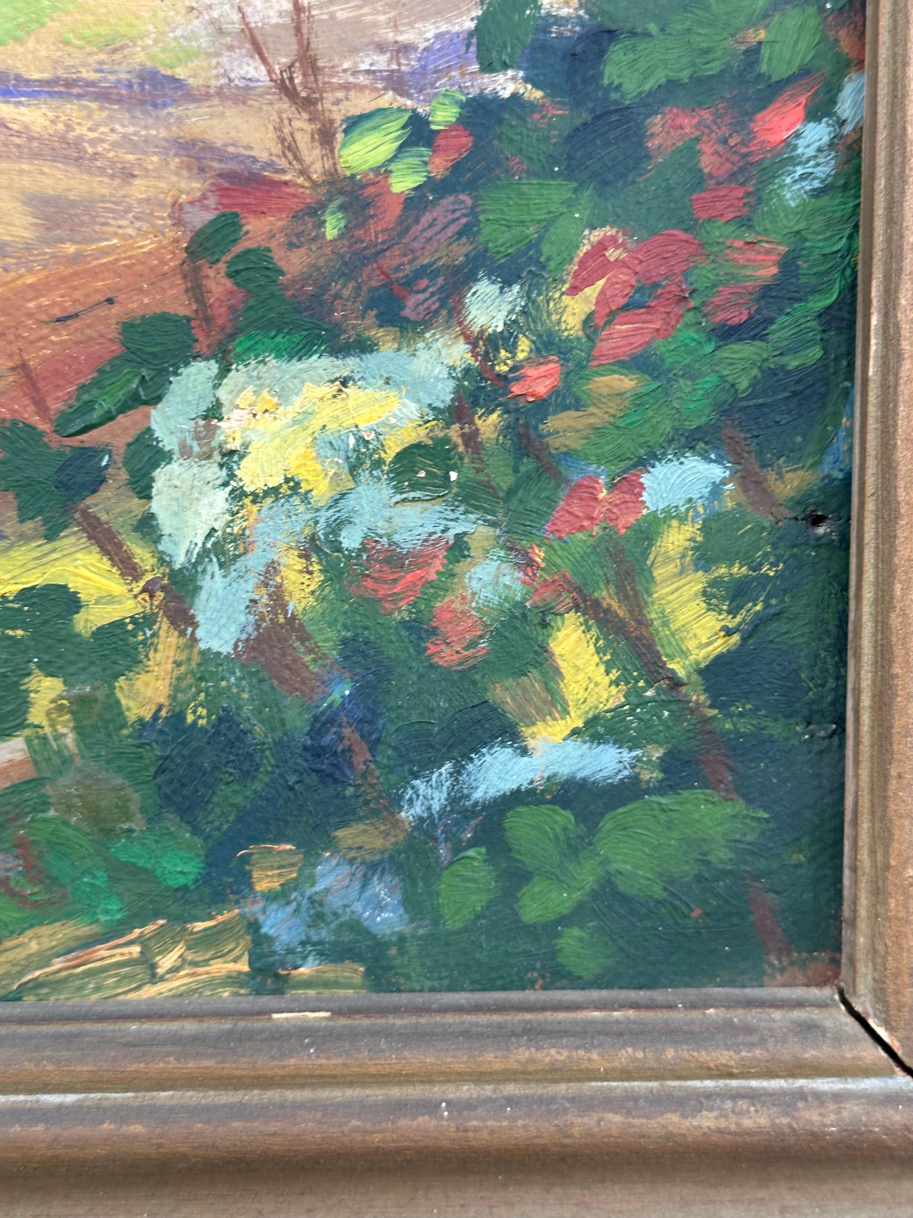 Gorgeous ca.1925 PA Impressionist painting of a covered bridge. 

Oil on canvas measuring 22 x 28 inches. Framed measurement: 27 x 33 inches. Unsigned. 

There is a puncture in canvas at far right the is documented here with both from and back