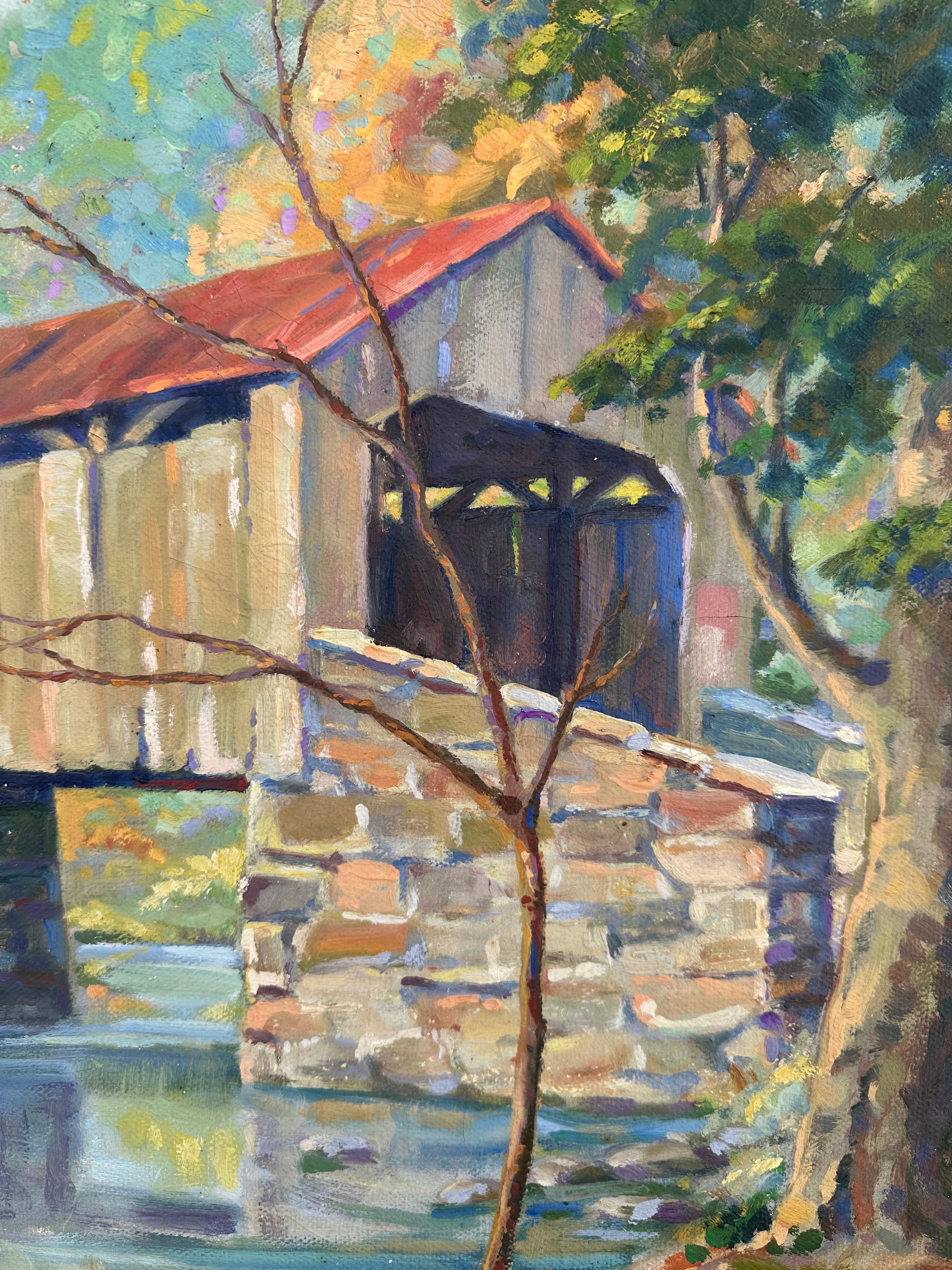 PA American Impressionist Bucks CO. Covered Bridge Landscape Oil Painting For Sale 2