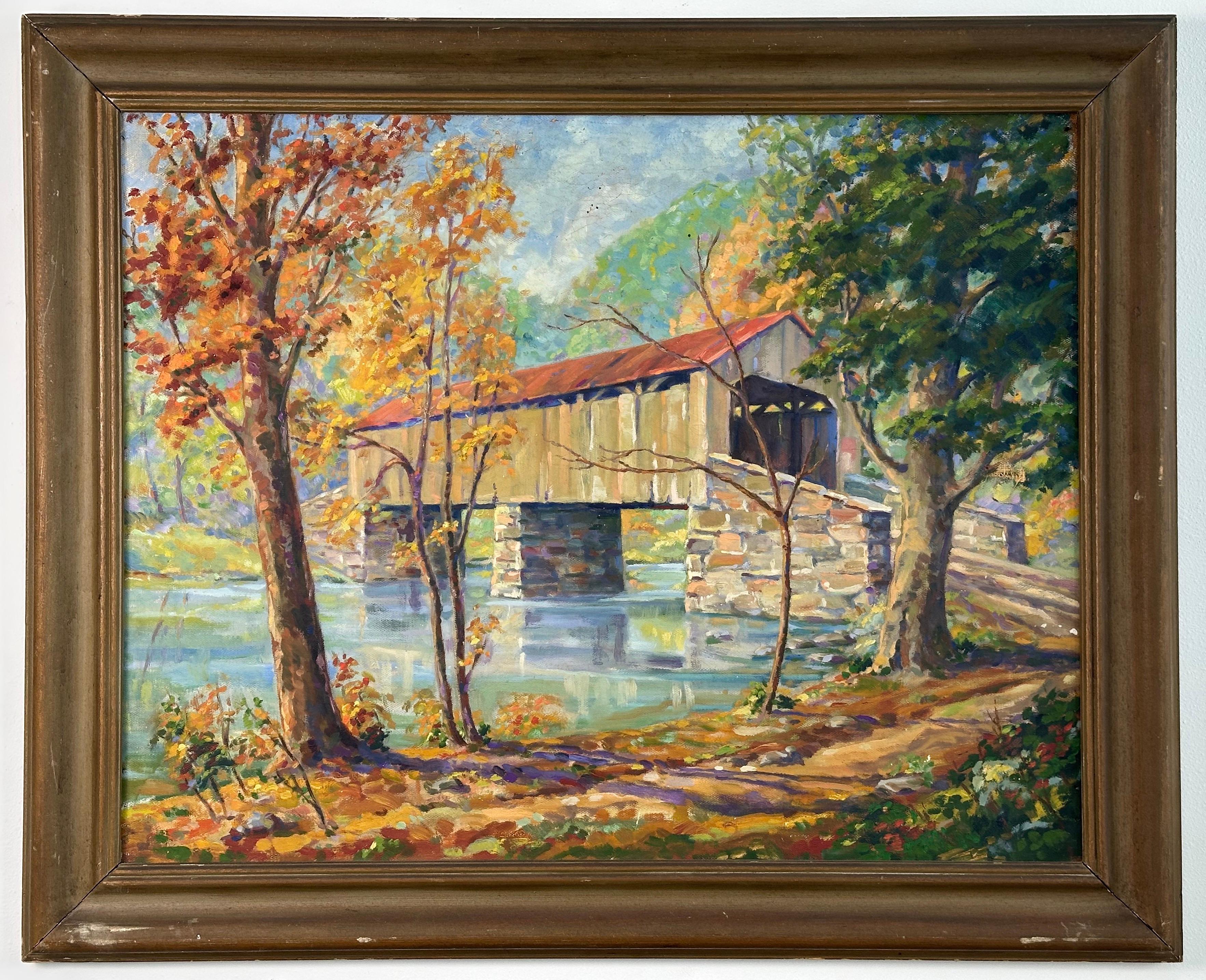 Unknown Landscape Painting - PA American Impressionist Bucks CO. Covered Bridge Landscape Oil Painting