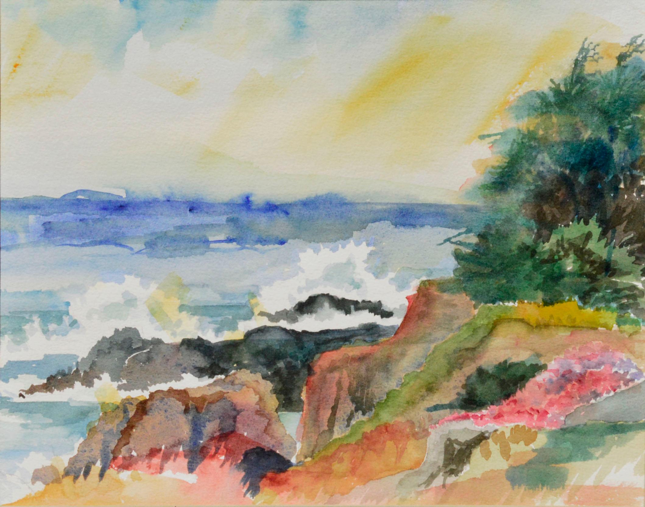 Pacific Coast in Spring Watercolor Landscape - Painting by Unknown