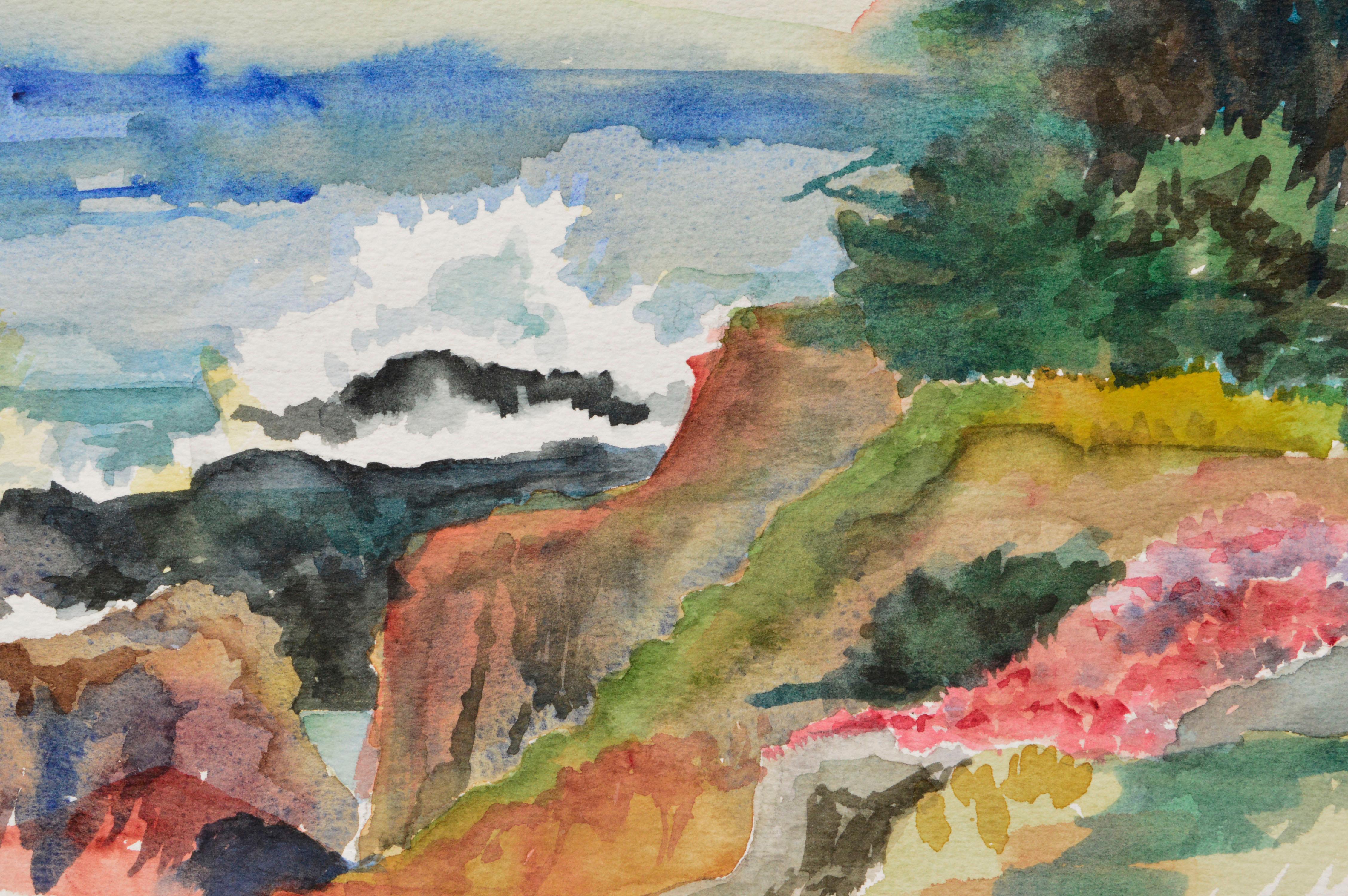 Aquarelle d'un paysage de la côte Pacifique au printemps - Noir Landscape Painting par Unknown