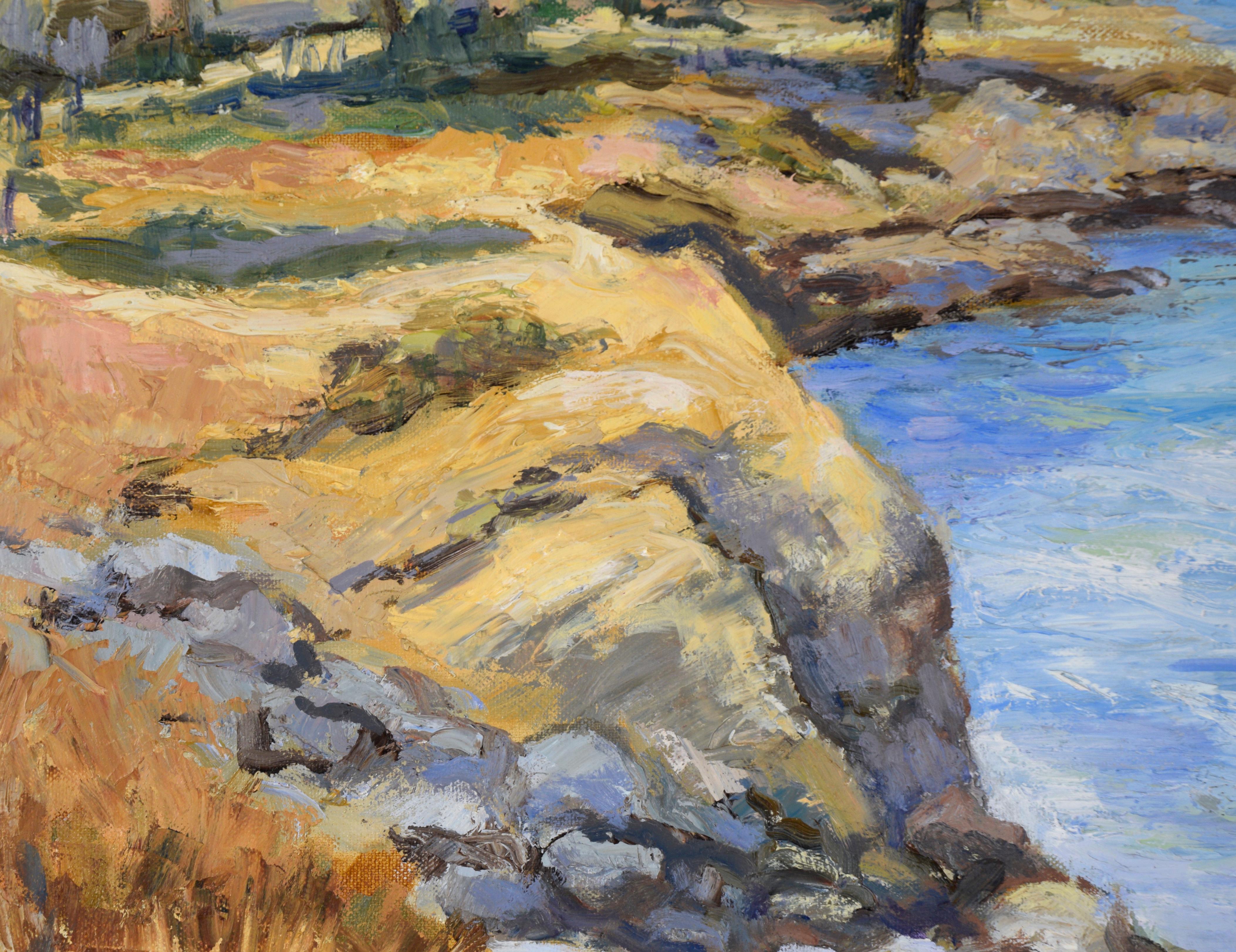 Pacific Grove - Coastal Seascape in Oil on Canvas

Serene coastal seascape by an unknown California artist (20th Century). This impressionistic coastal landscape captures the rugged beauty of a seaside scene bathed in soft light. Windswept grasses