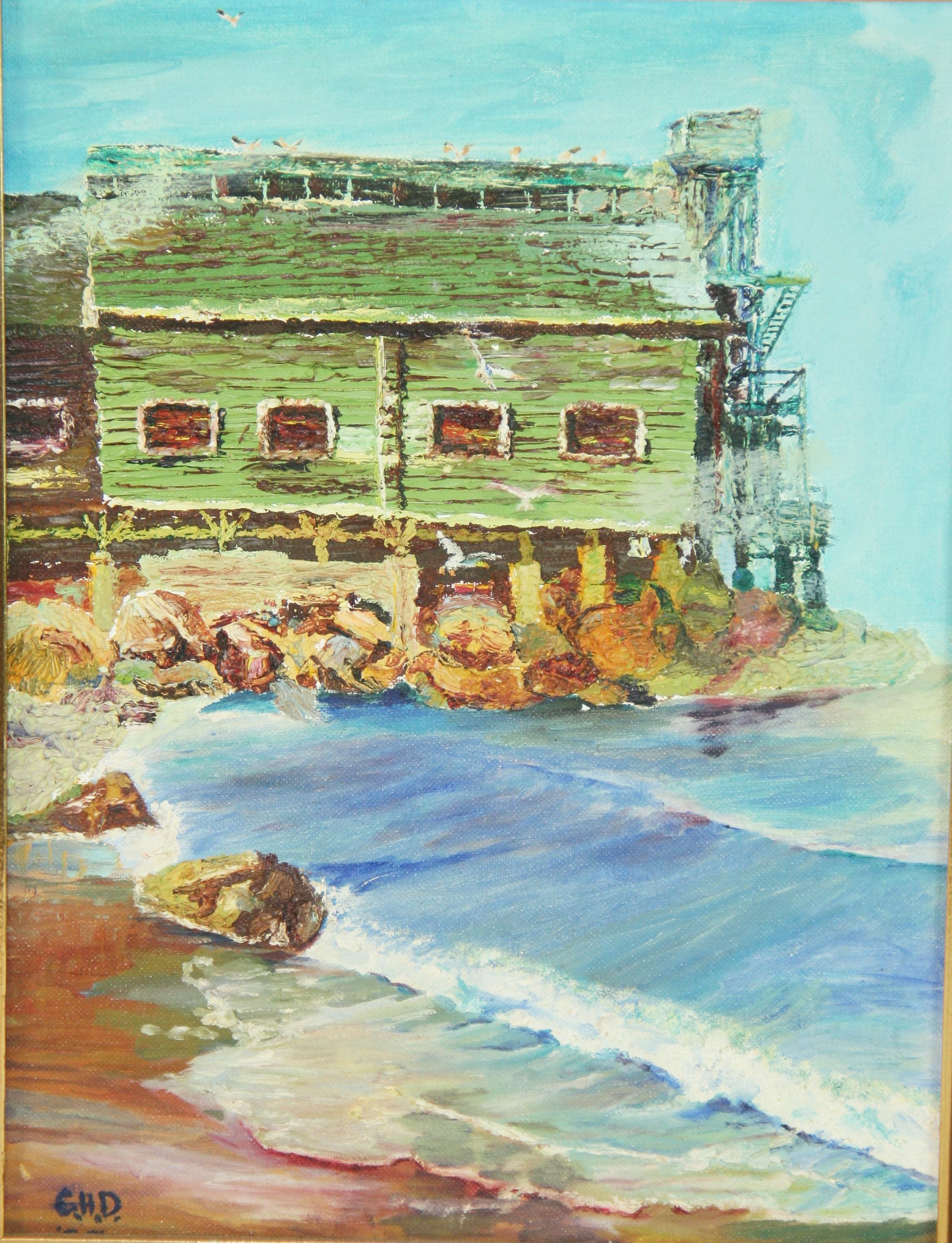 Pacific NorthWest Cannery By the Sea - Brown Landscape Painting by Unknown