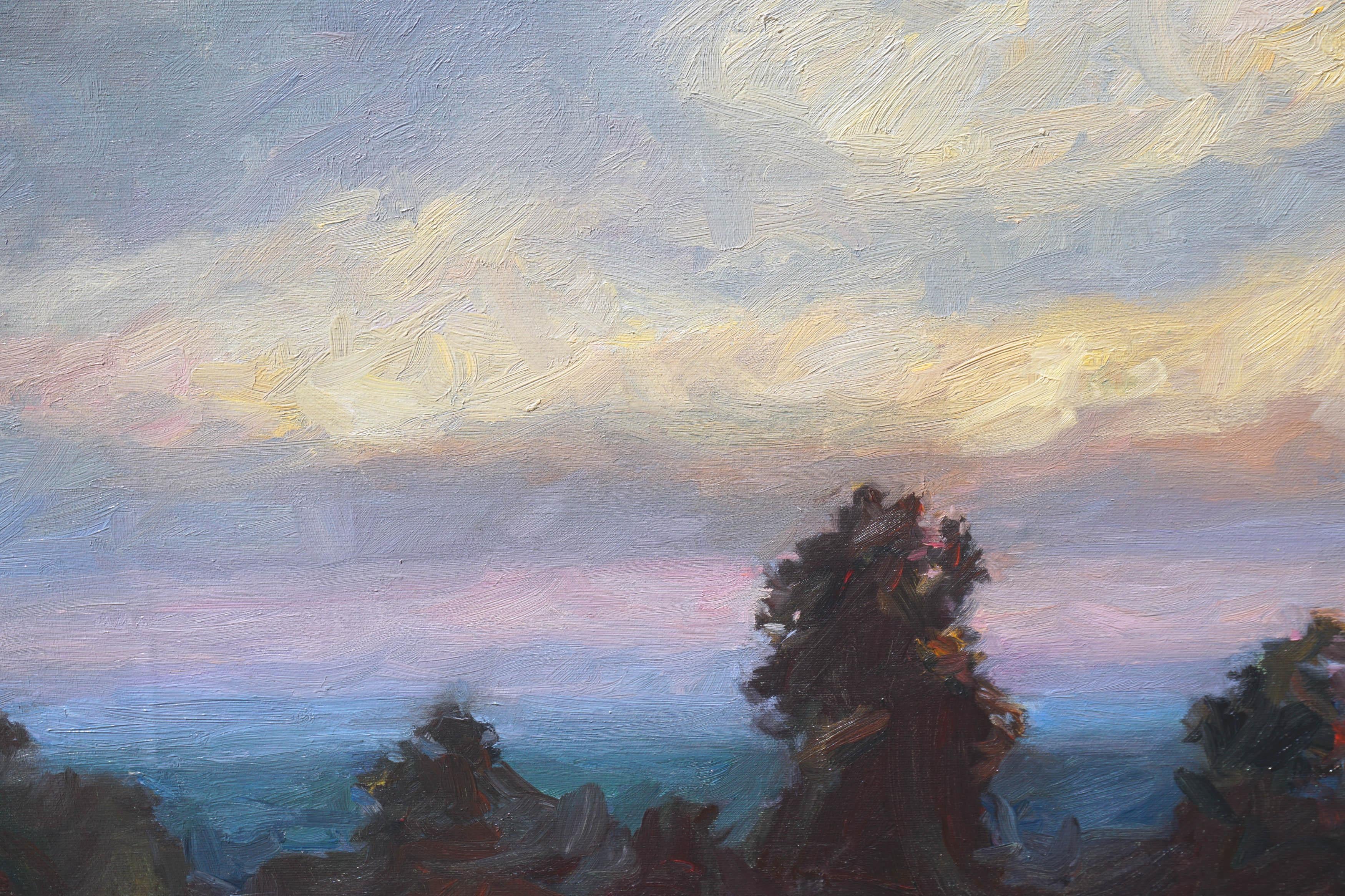 Montañas de Santa Cruz al atardecer, vista del océano Pacífico Paisaje de California - Painting de Unknown