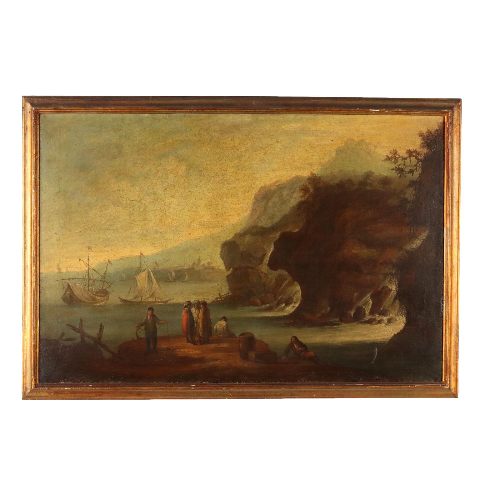 Unknown Landscape Painting - Seascape with Figures Oil on canvas '700 