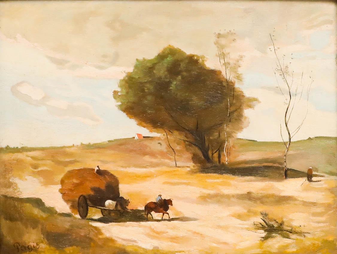 Pagis After Corot - Framed Early 20th Century Oil, A Small Wagon in the Dunes - Painting by Unknown