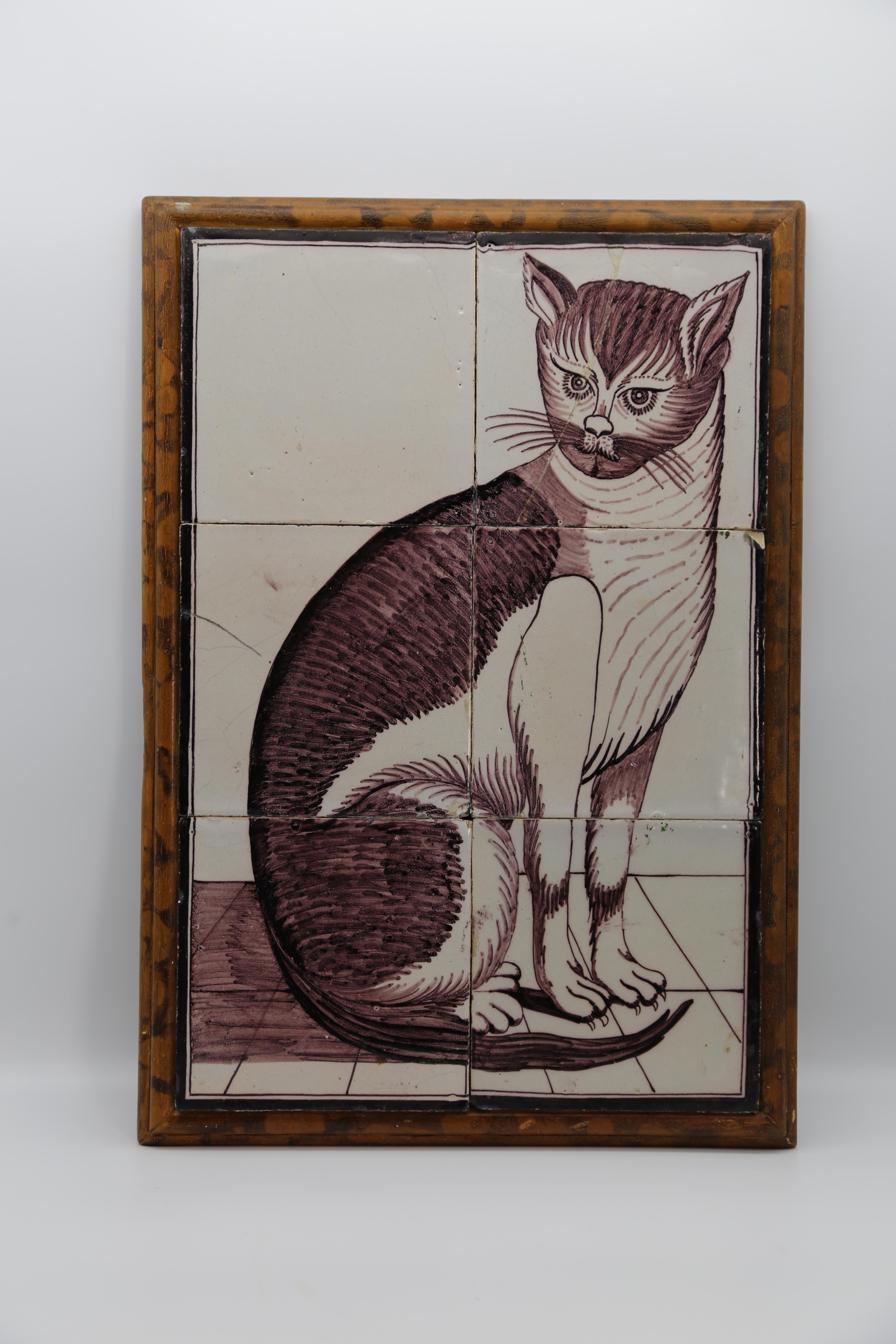Painted Cat on Dutch Delft Tiles 18th Century in Historic Violet on White Glaze - Painting by Unknown