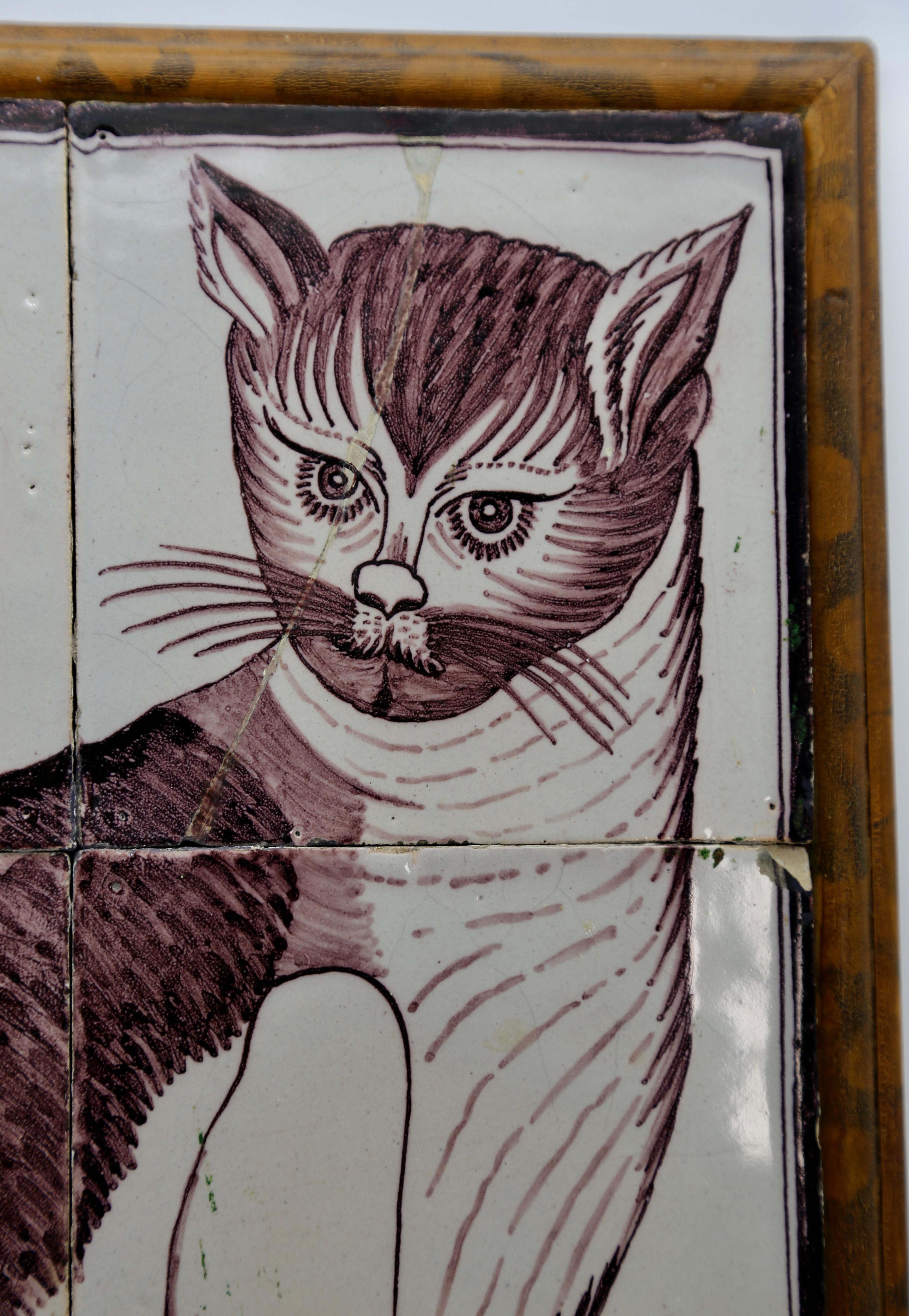 Painted Cat on Dutch Delft Tiles 18th Century in Historic Violet on White Glaze - Folk Art Painting by Unknown