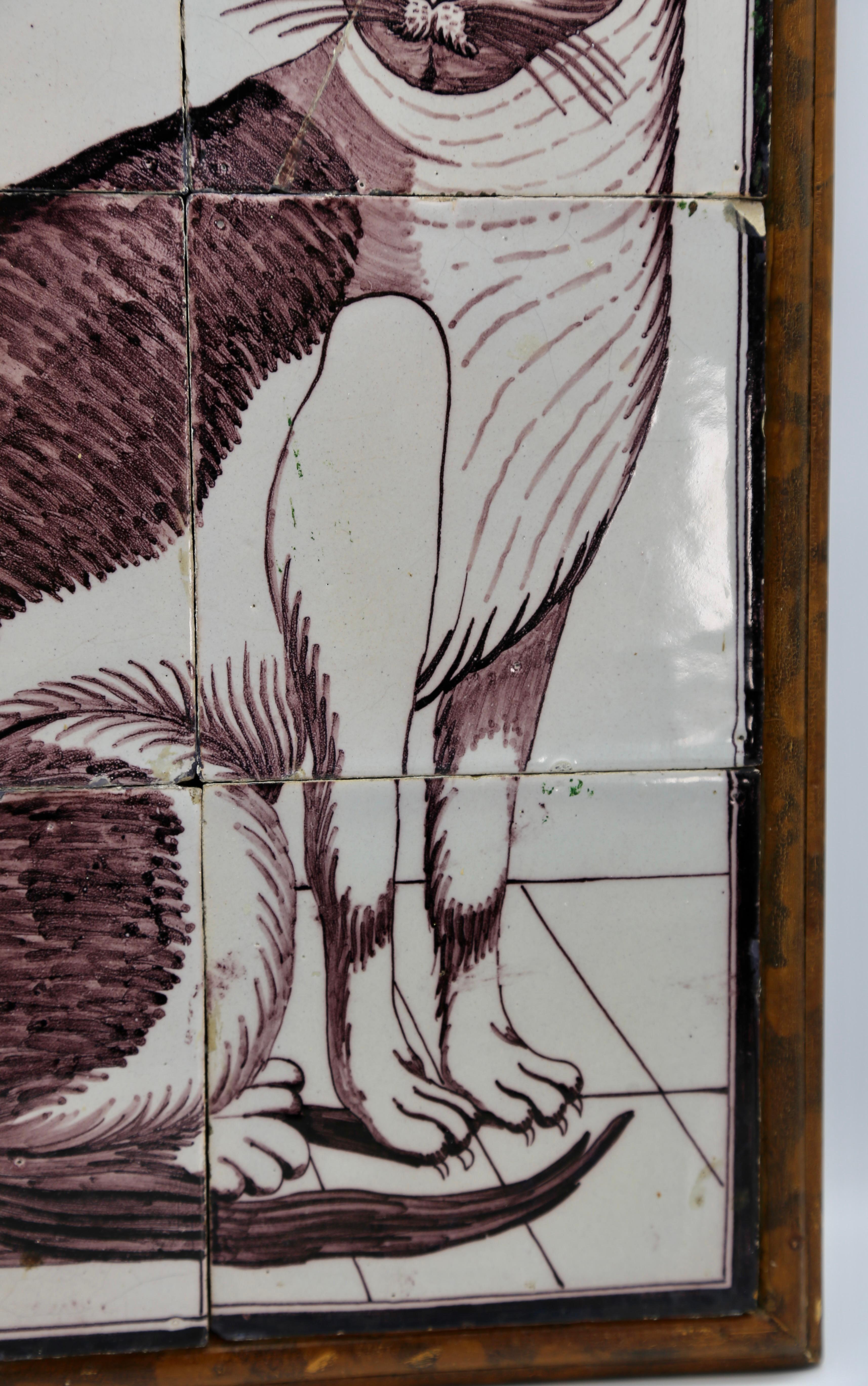 Painted Cat on Dutch Delft Tiles 18th Century in Historic Violet on White Glaze - Purple Animal Painting by Unknown