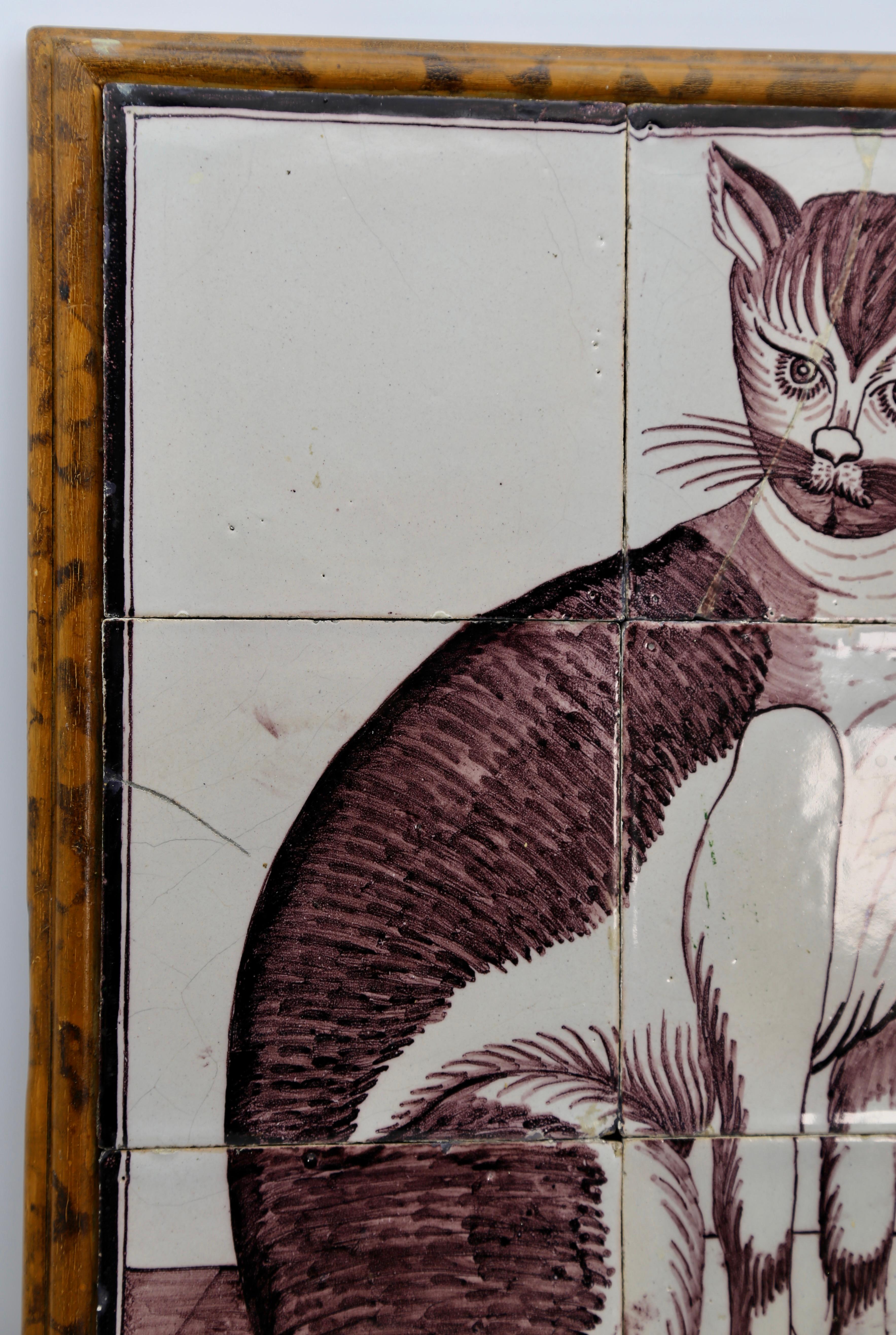 A set of six framed rare mid to late18th Century Dutch Delft Tiles with a painting of a serious looking Cat in historic dark violet glaze on white glazed earthenware. 

Dutch Delftware tiles, including those with cat themes, were often decorated