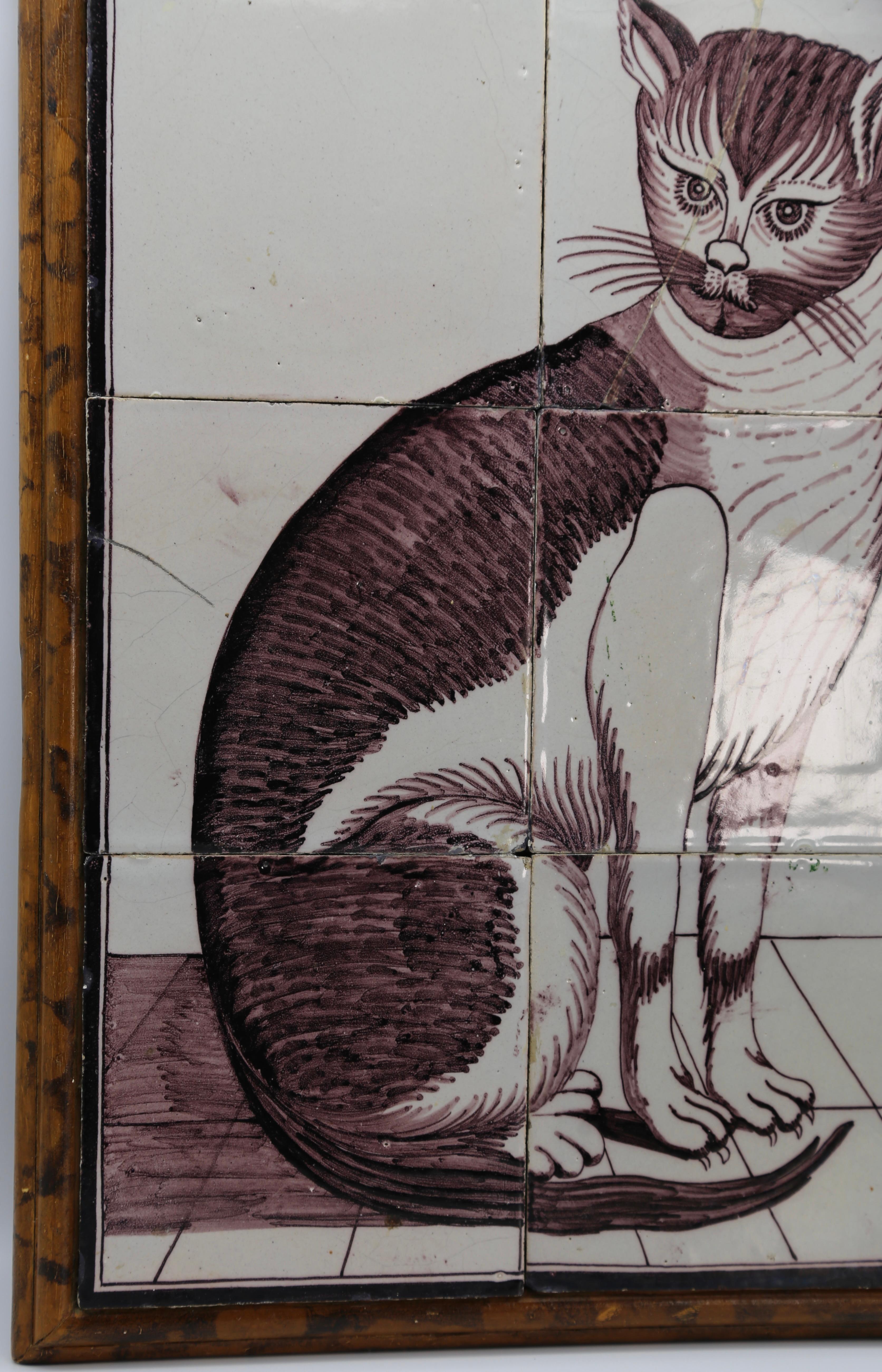 Painted Cat on Dutch Delft Tiles 18th Century in Historic Violet on White Glaze 1