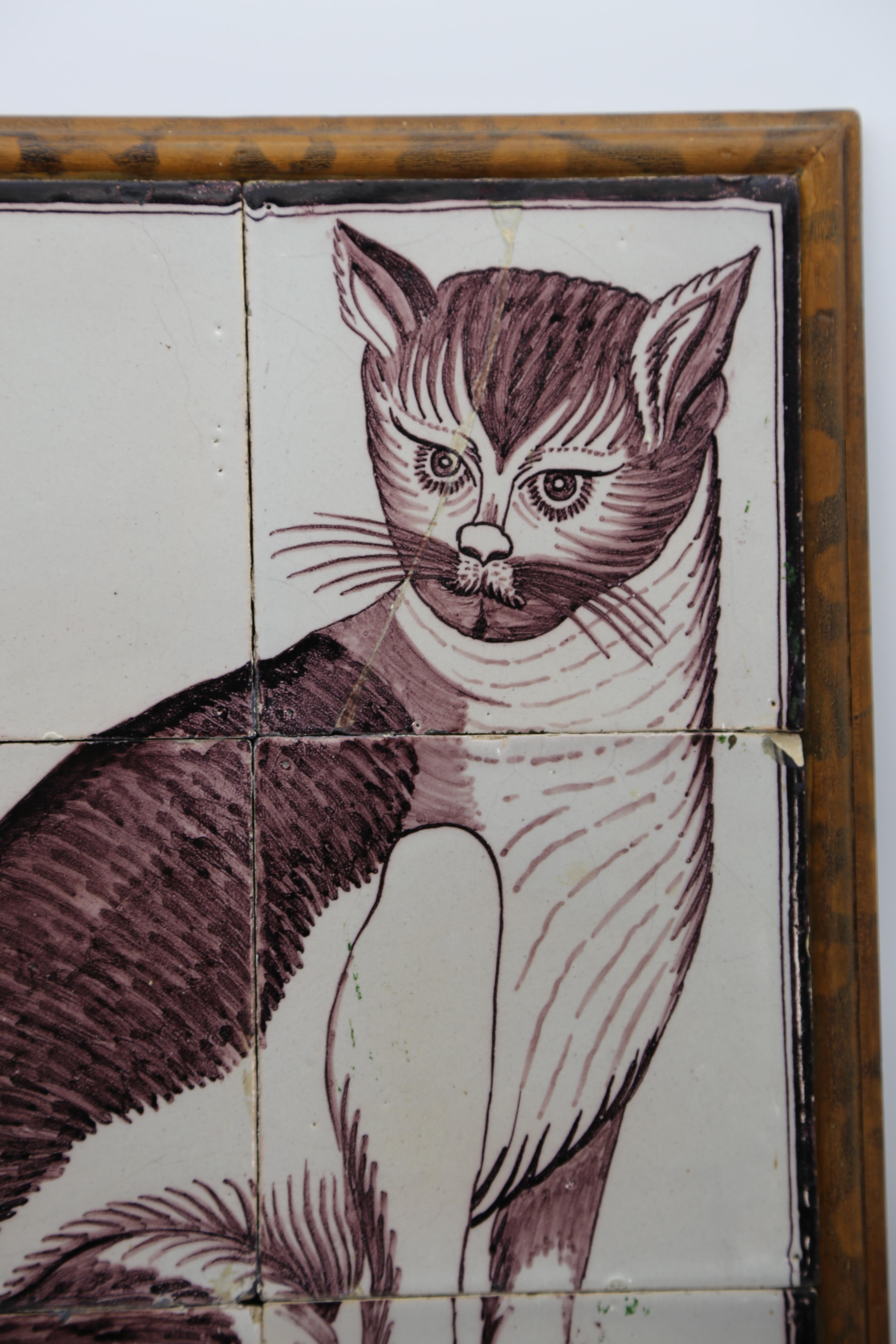 Painted Cat on Dutch Delft Tiles 18th Century in Historic Violet on White Glaze 2