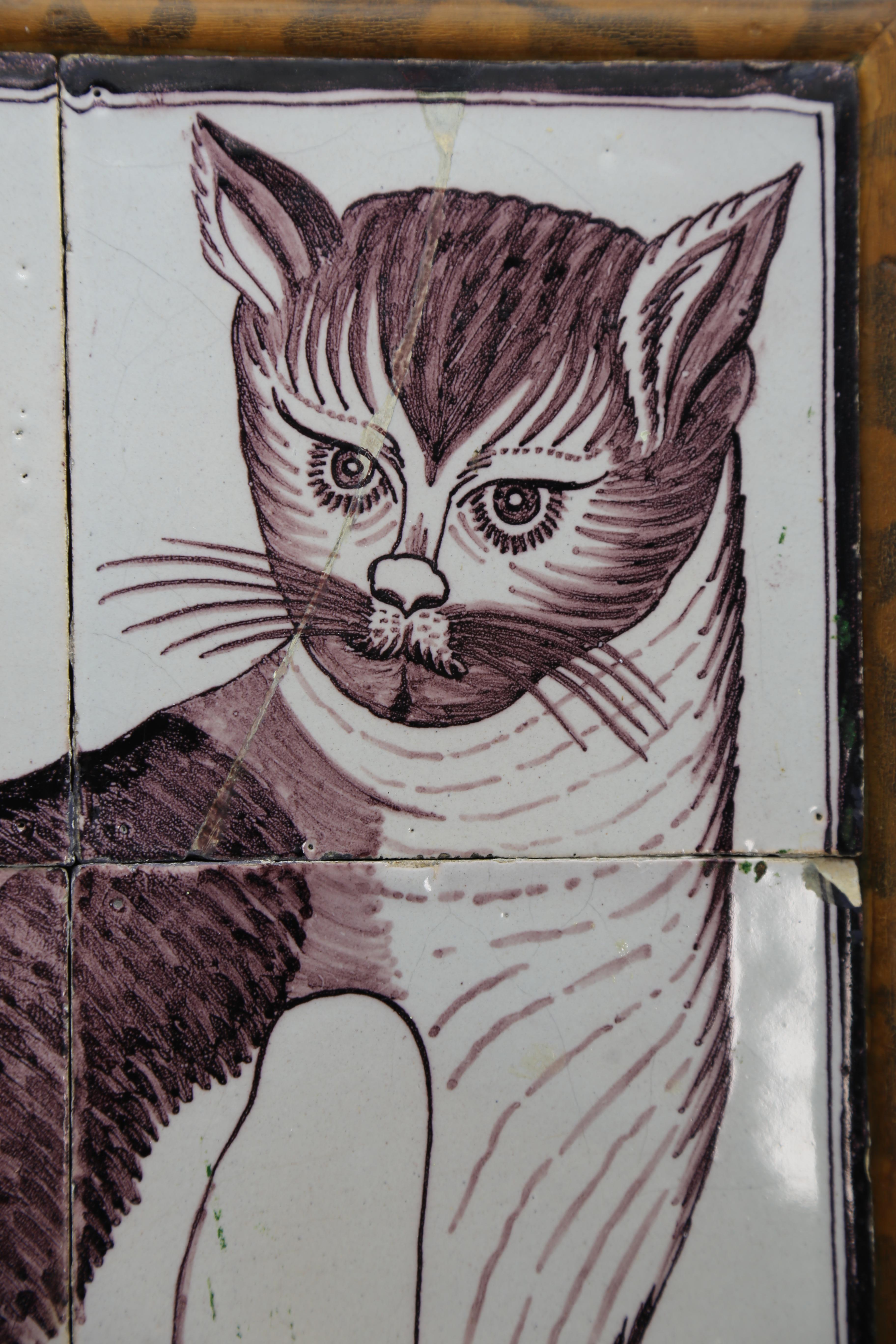 Painted Cat on Dutch Delft Tiles 18th Century in Historic Violet on White Glaze 3