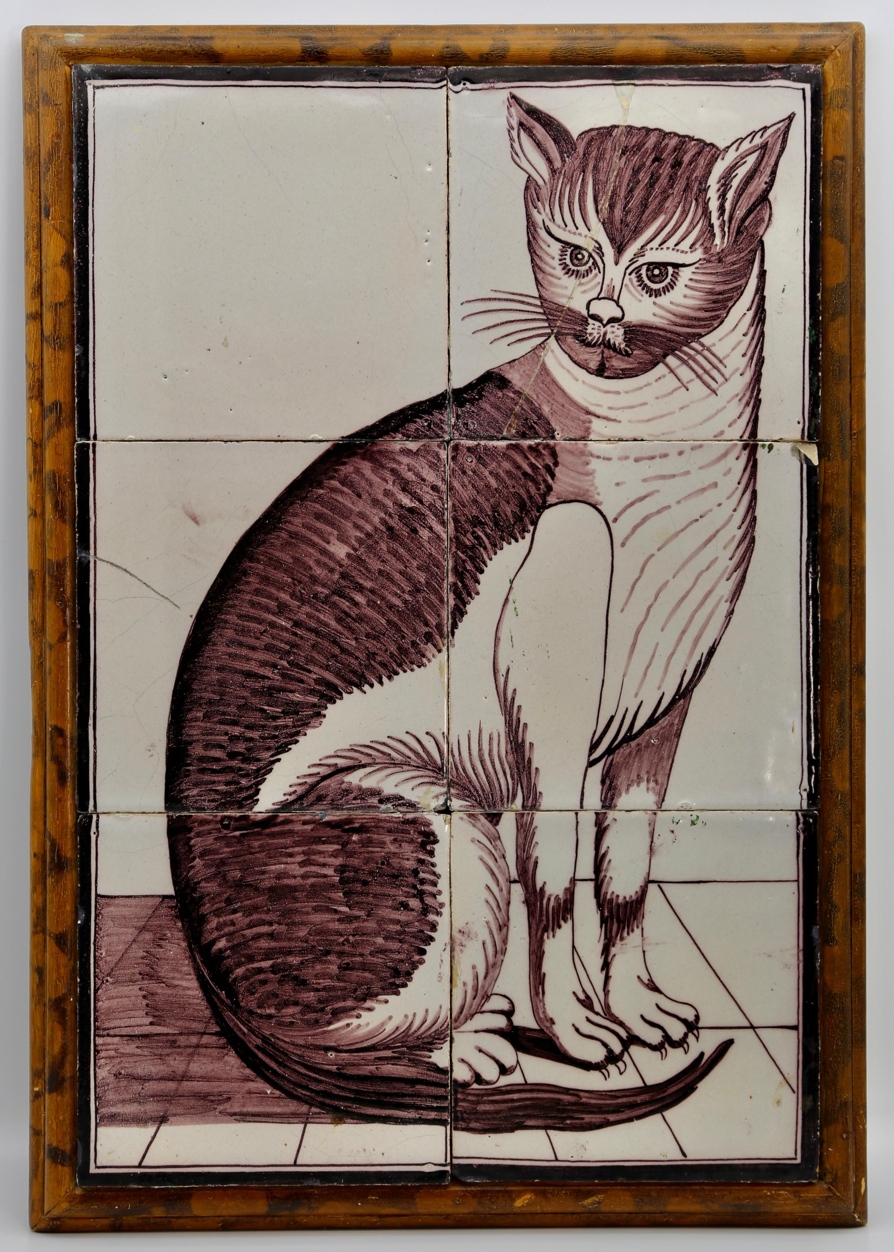 Unknown Animal Painting - Painted Cat on Dutch Delft Tiles 18th Century in Historic Violet on White Glaze
