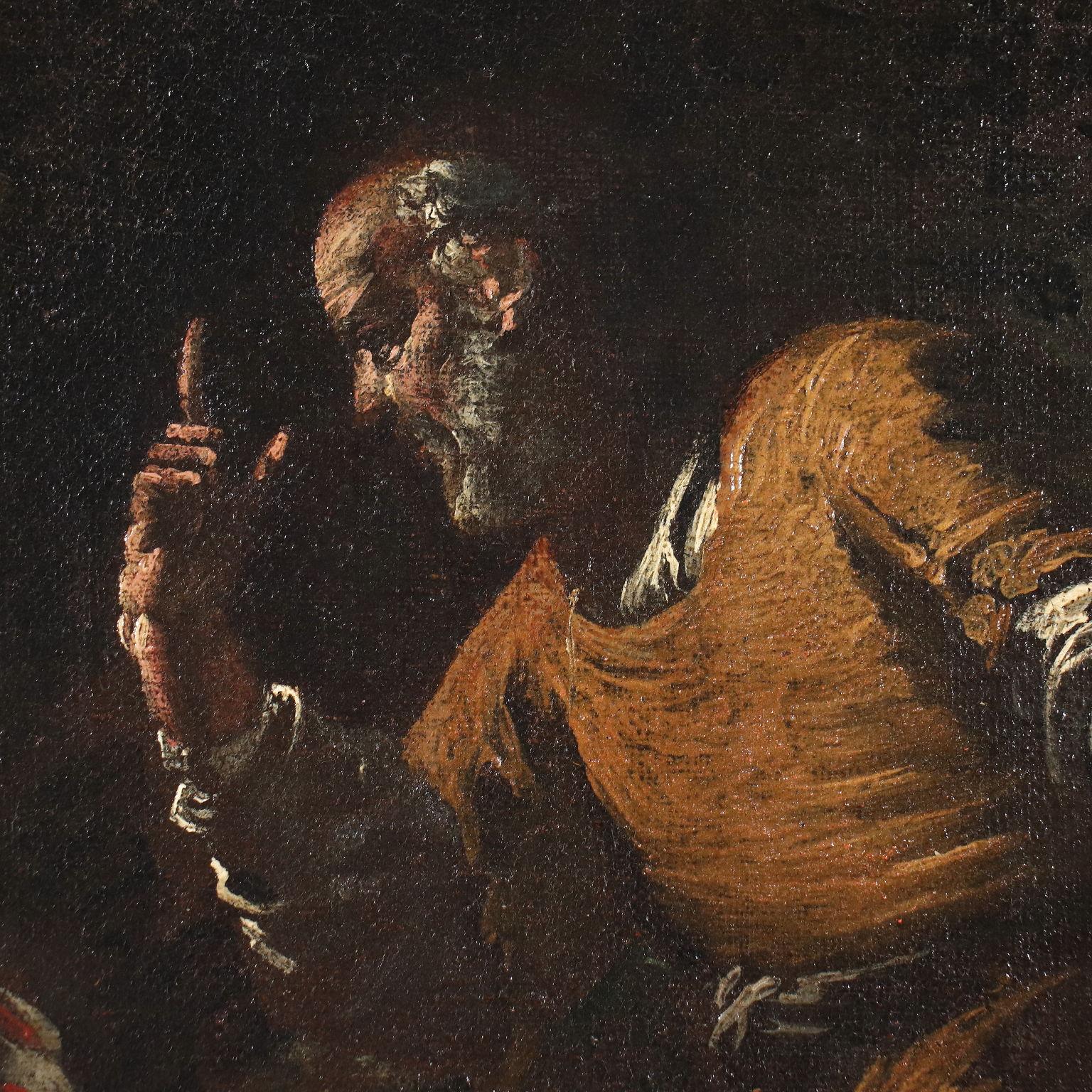 Pittura a olio su tela. Scuola francese del XVII secolo. La scena, ambientata di notte nel giardino di una villa, di cui si intravede la facciata ornata sulla destra e in cui spicca la fontana zampillante di putti, sotto un cielo scuro e