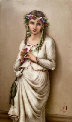Plaque en porcelaine peinte, monogrammée MB et datée de 1878