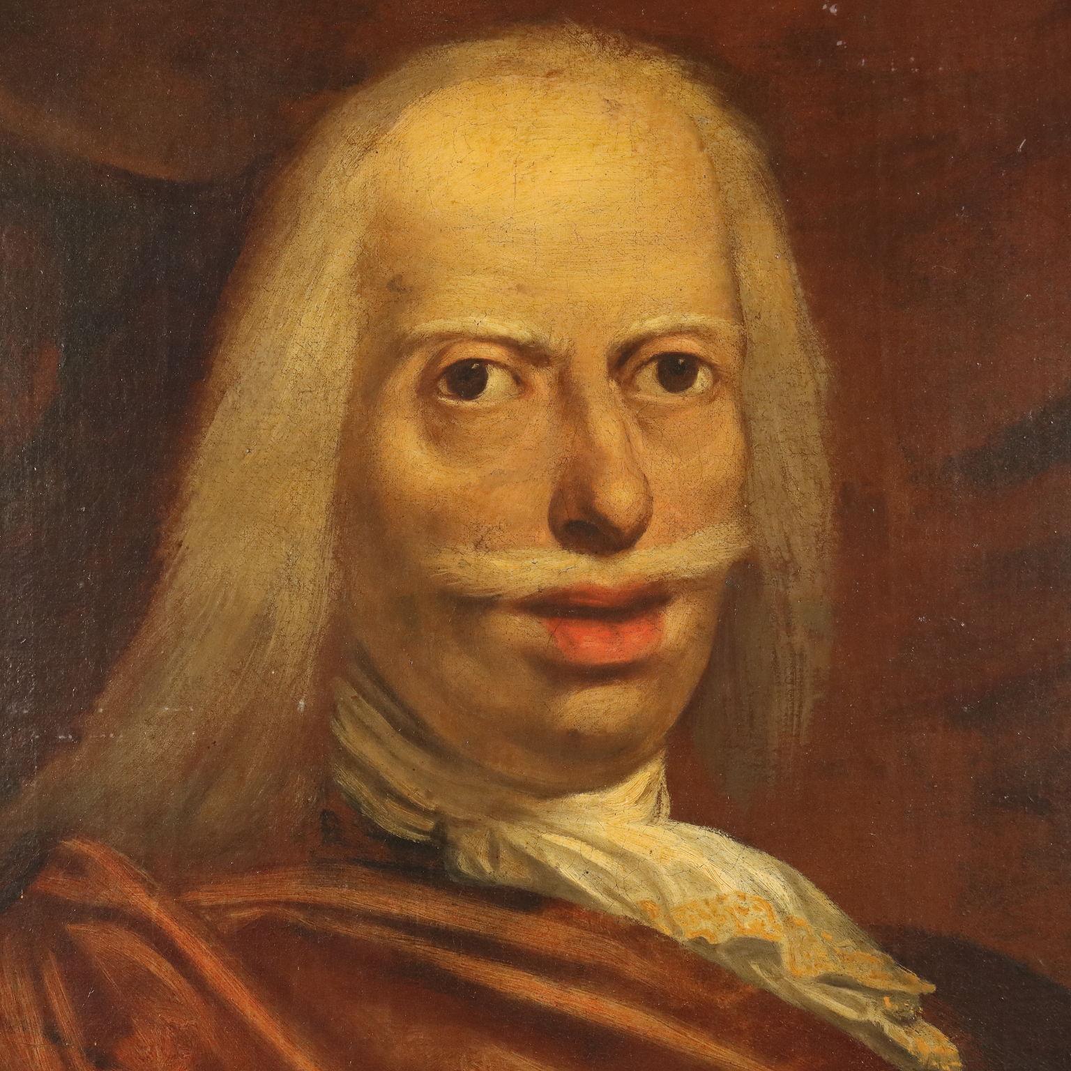 Peinture à l'huile sur toile. Il s'agit certainement d'un roi en raison de la présence de la couronne et du sceptre en bas à droite ; l'homme est vêtu d'une armure et appuie sa main gauche sur le casque, pour souligner son prestige en tant que chef.