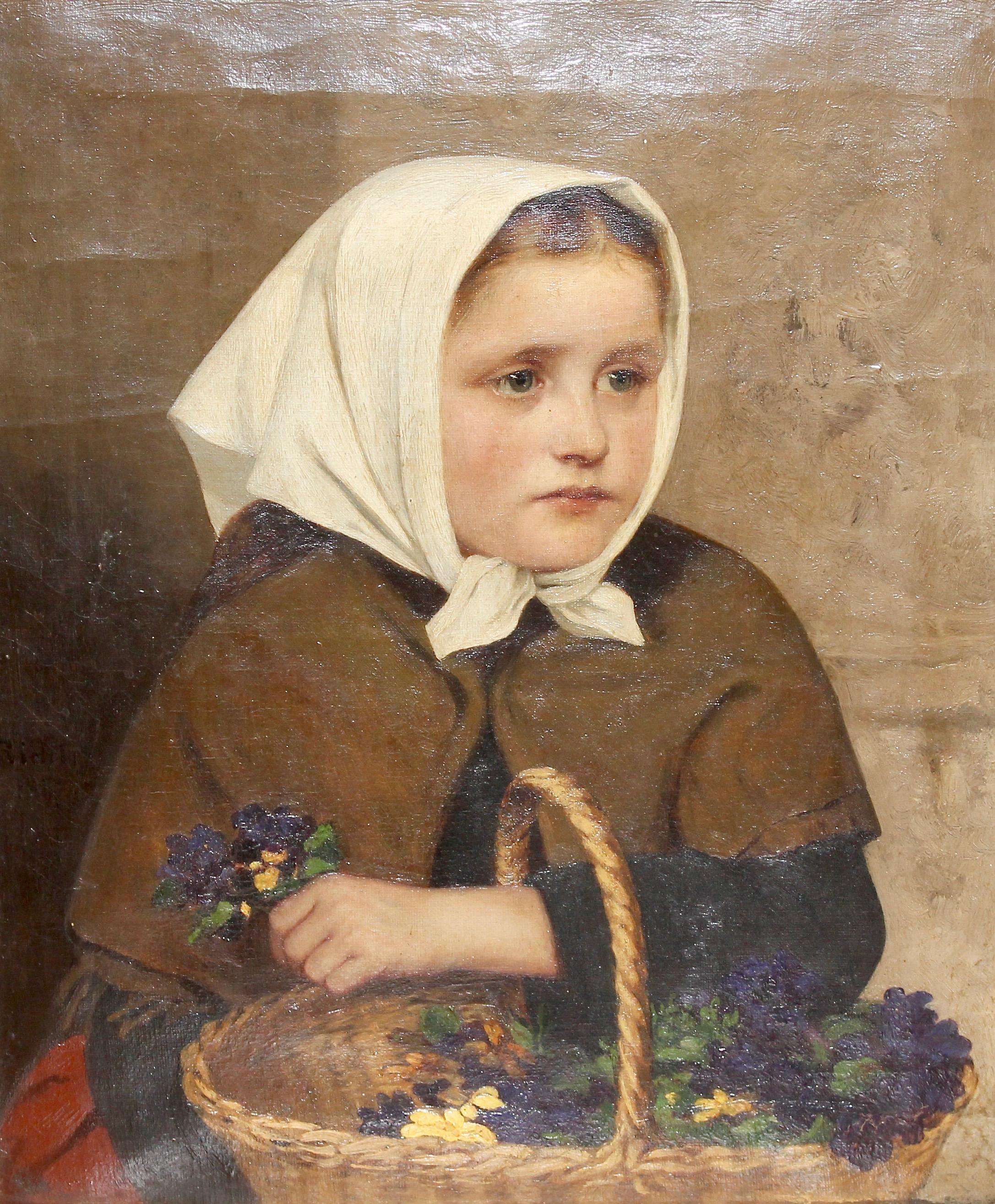 Painting, 19th Century, oil on canvas, "Young Girl with Flower Basket" 