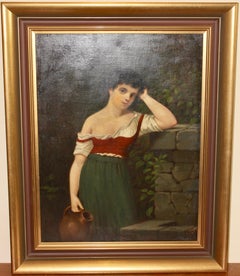Painting, 19th century, oil on canvas, "Young woman at the well"