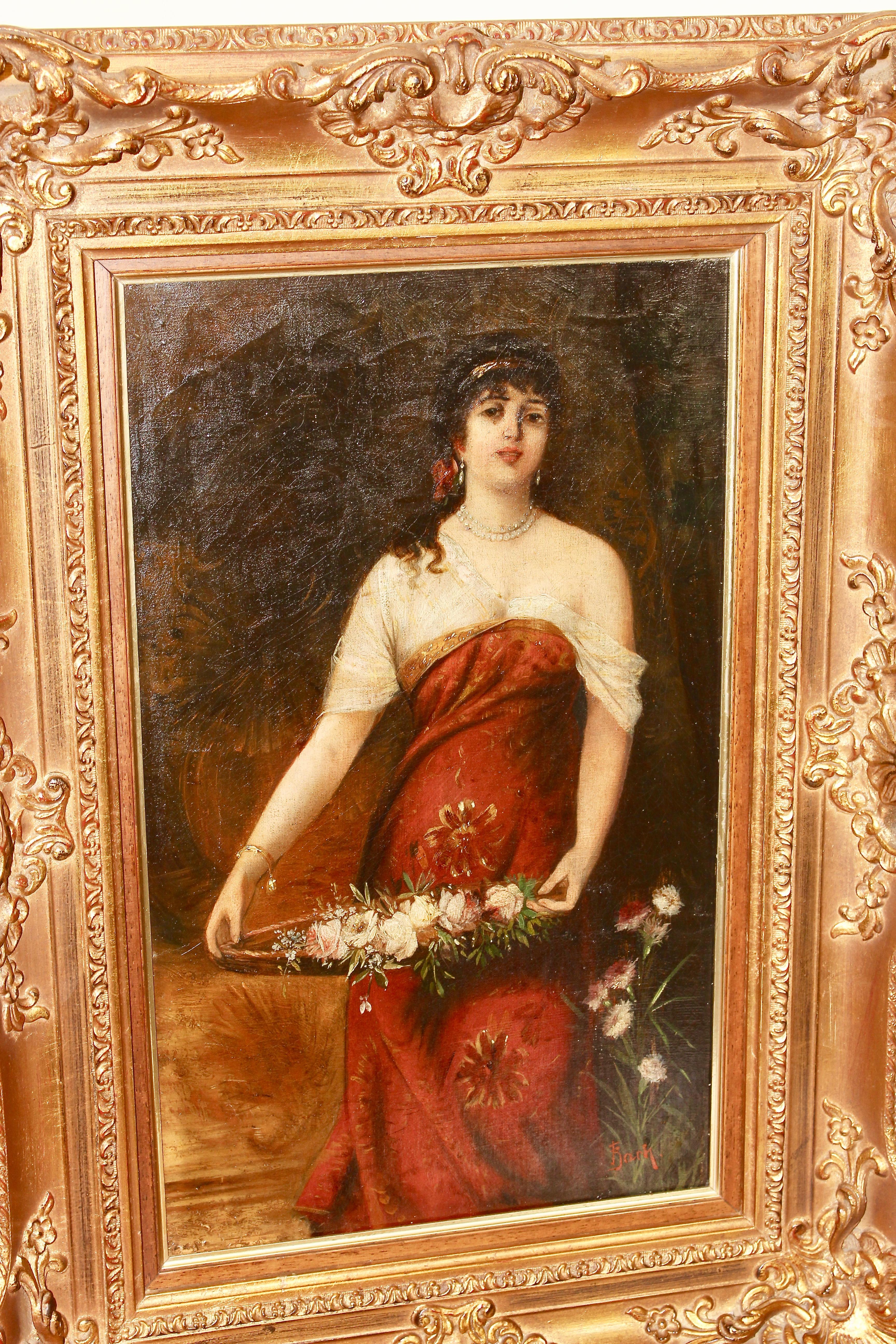 Gemälde, 19. Jahrhundert, Öl auf Leinwand, „ Junge Frau mit Blumenkorb“, Gemälde – Painting von Unknown