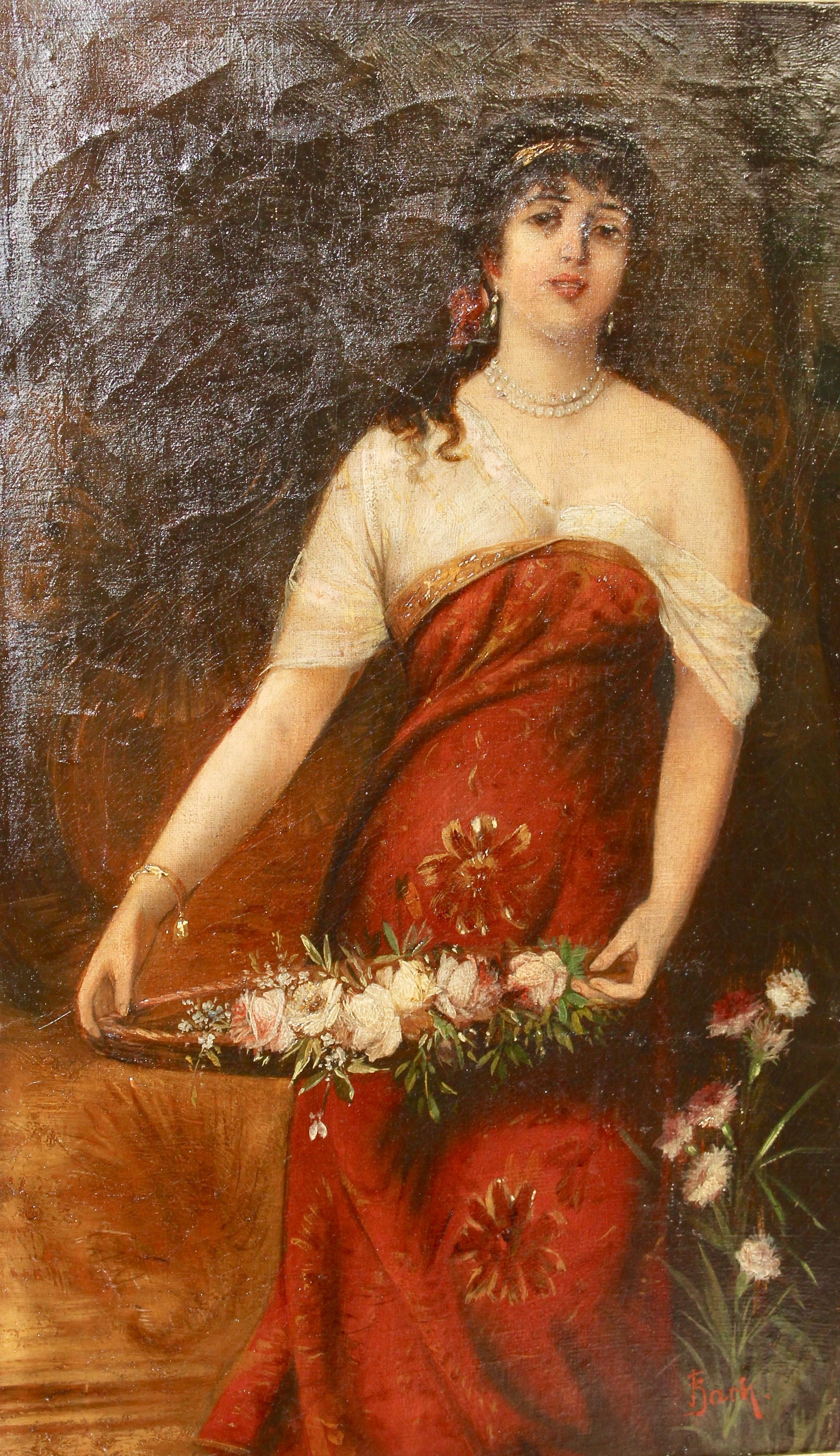 Painting, 19th century, oil on canvas, "Young woman with flower basket"