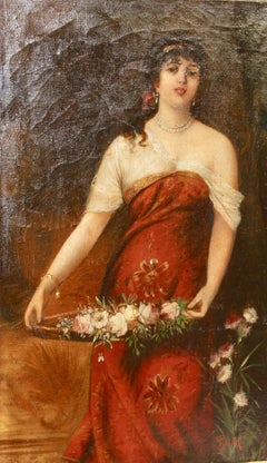 Peinture, 19e siècle, huile sur toile, "Jeune femme au panier de fleurs"