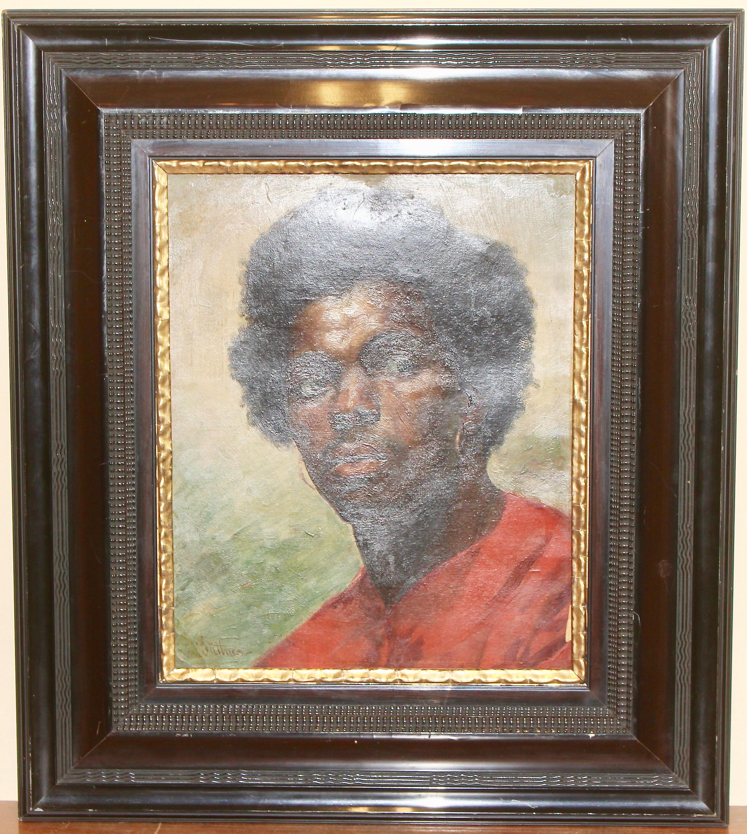 Dipinto, XIX secolo, Ritratto di ragazzo africano, firmato, olio su tela. - Figurative Painting Marrone di Unknown