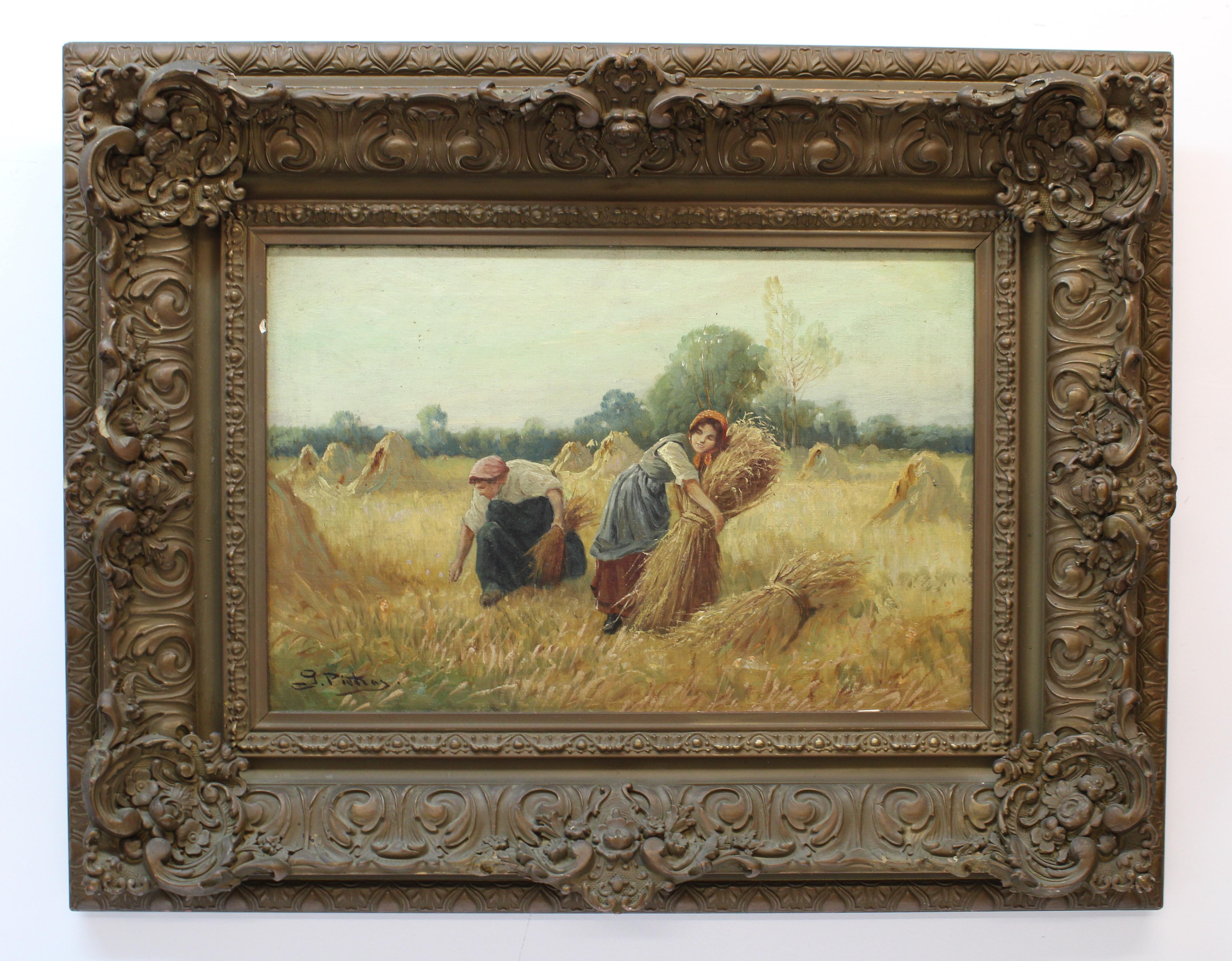 Unknown Landscape Painting - Painting Depicting a Couple Harvesting Hay