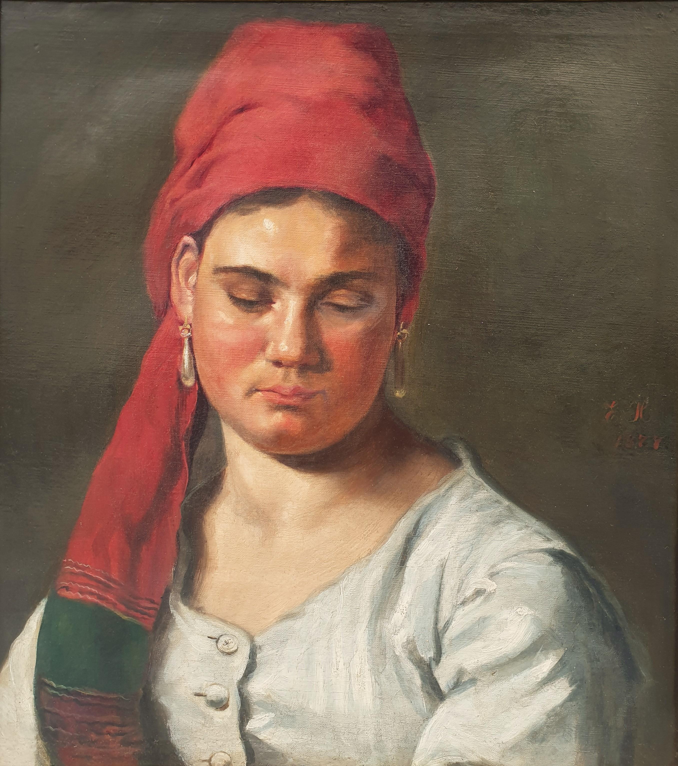 Pittura Europa orientale Scuola realista XIX secolo ritratto zingaro turbante - Painting di Unknown