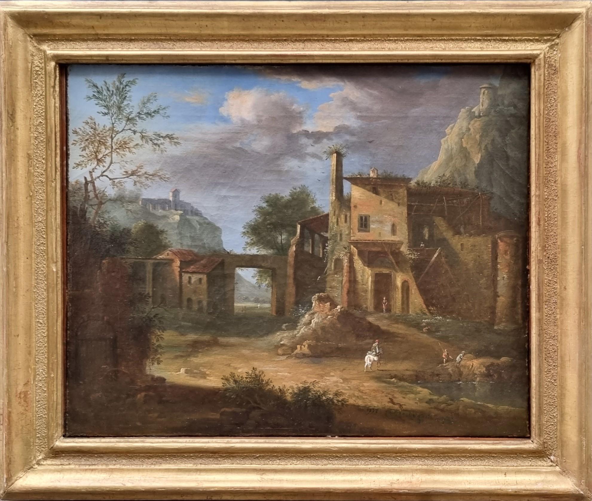 Pintura Paisaje clásico italiano 18ª ruina forteress Firmado - Painting de Unknown